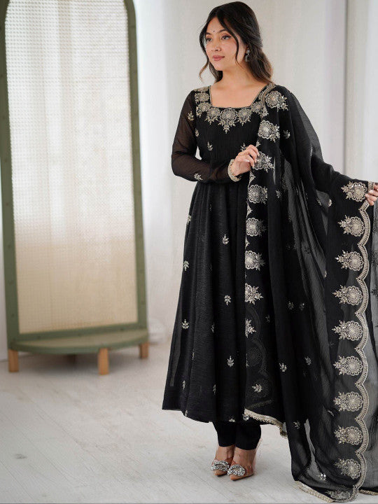 Women's Black Embroidered Anarkali Kurta Pant & Dupatta Set