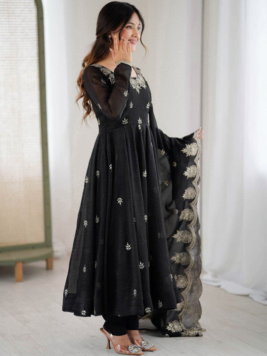Women's Black Embroidered Anarkali Kurta Pant & Dupatta Set
