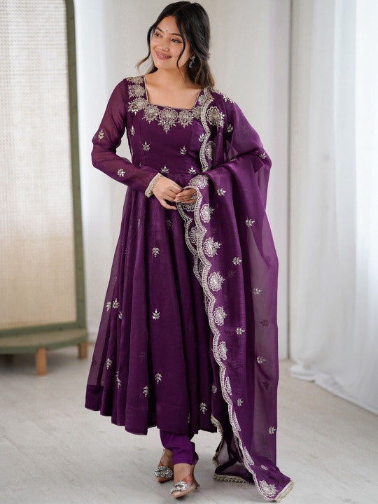 Women's Purple Embroidered Anarkali Kurta Pant & Dupatta Set