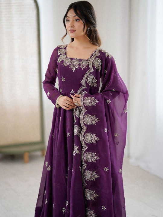 Women's Purple Embroidered Anarkali Kurta Pant & Dupatta Set