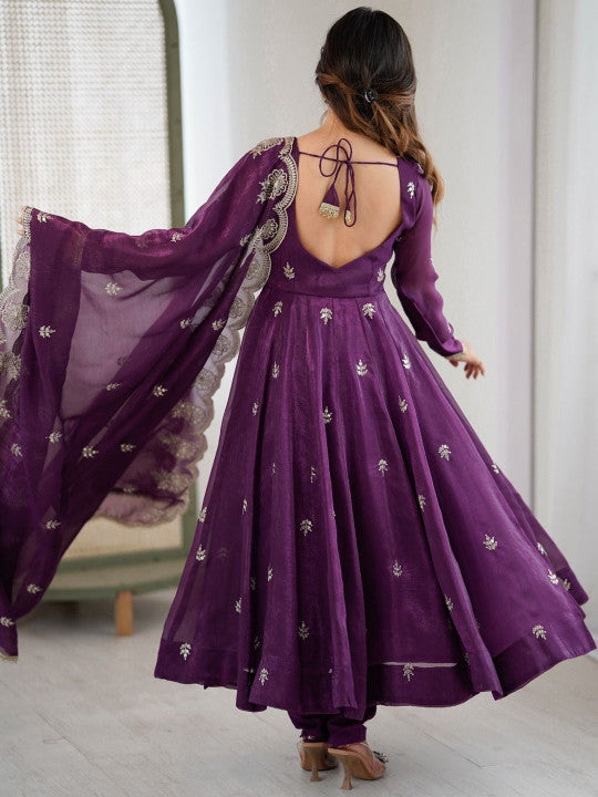 Women's Purple Embroidered Anarkali Kurta Pant & Dupatta Set