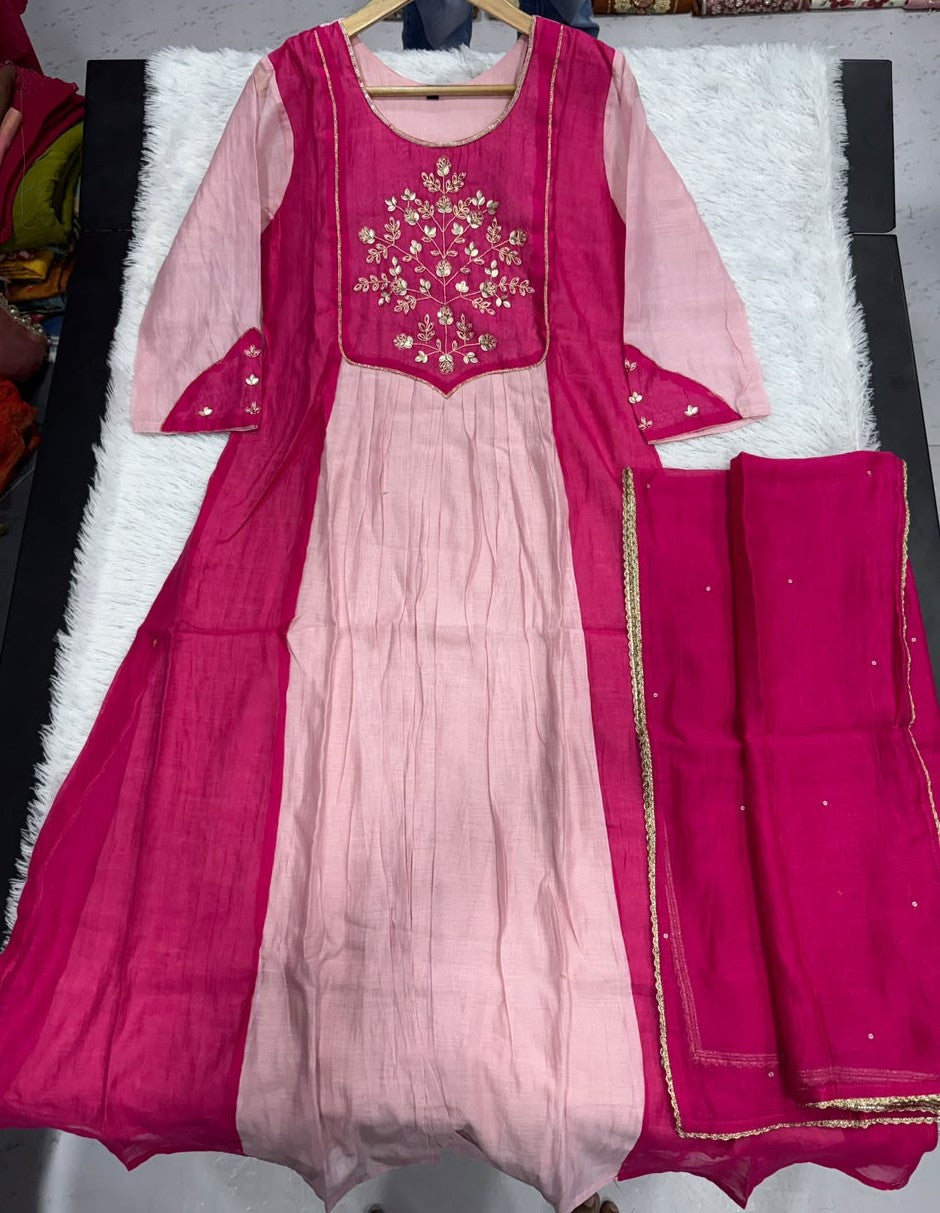Blush Pink Embroidered Anarkali Suit Set with Magenta Dupatta