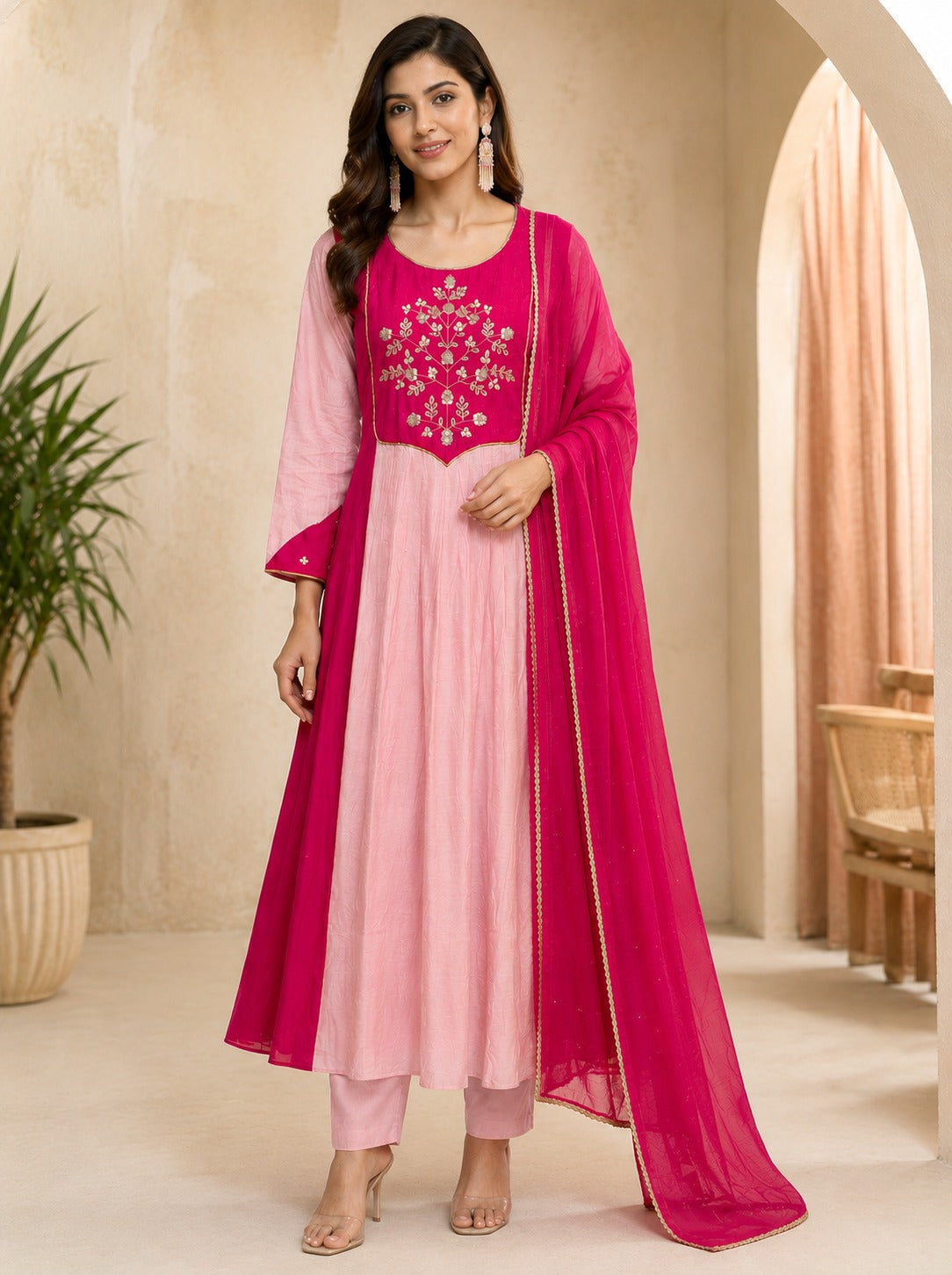Blush Pink Embroidered Anarkali Suit Set with Magenta Dupatta