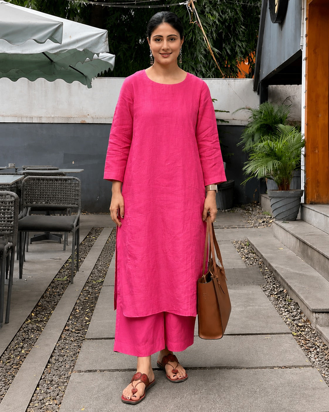 Women's Solid Pink Cotton Kurta with Palazzo Set