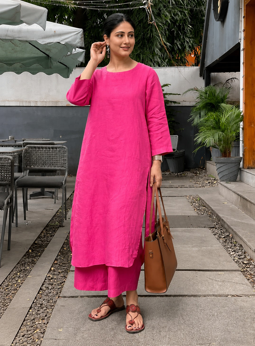 Women's Solid Pink Cotton Kurta with Palazzo Set