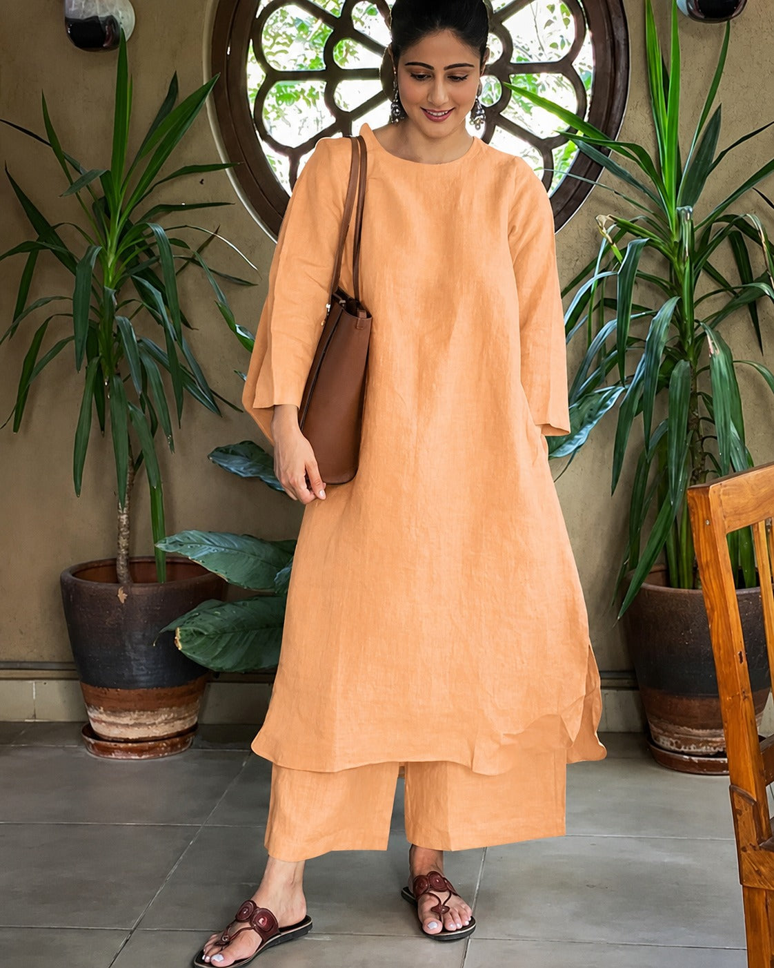 Women's Solid Peach Cotton Linen Kurta with Palazzo Set