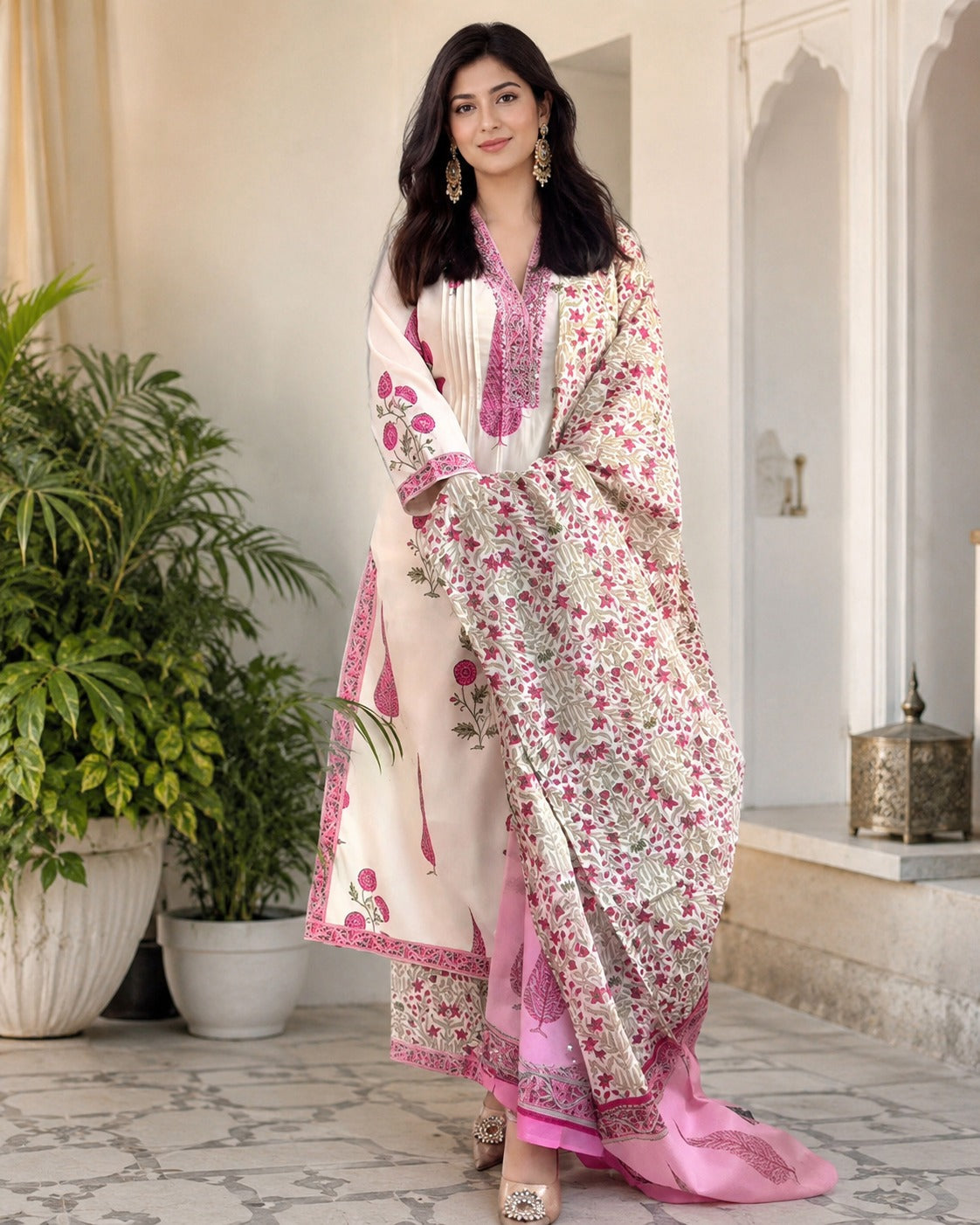 Ivory & Pink Floral Printed Kurta Set with Matching Dupatta