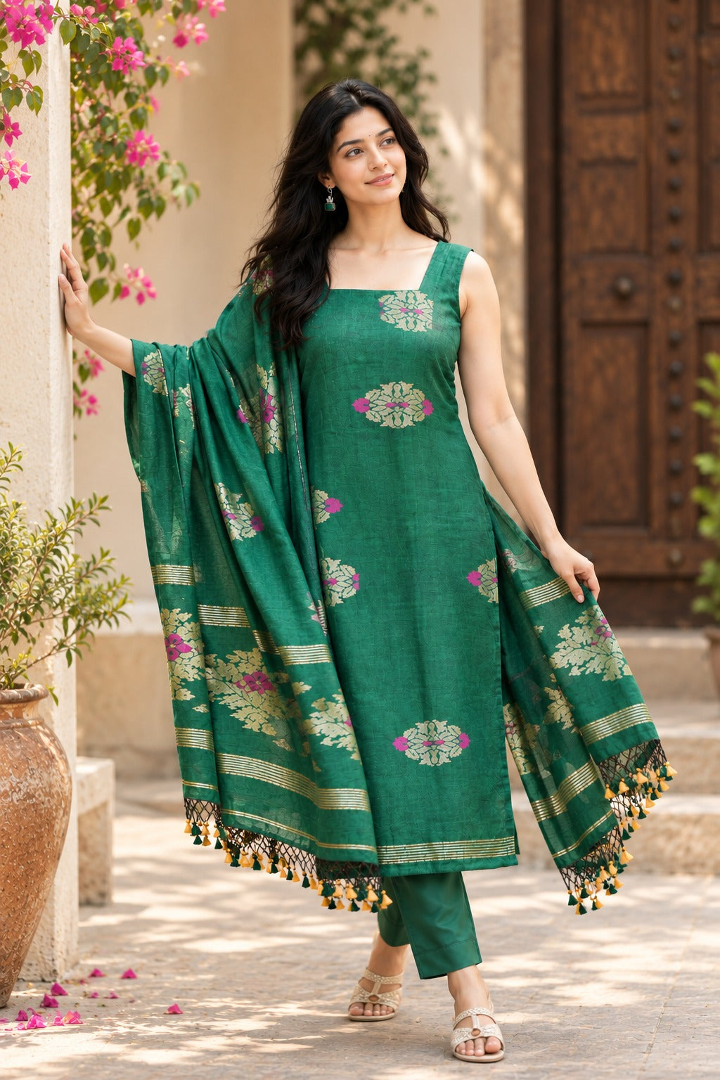 Emerald Green Floral Printed Kurta Pant Set with Dupatta