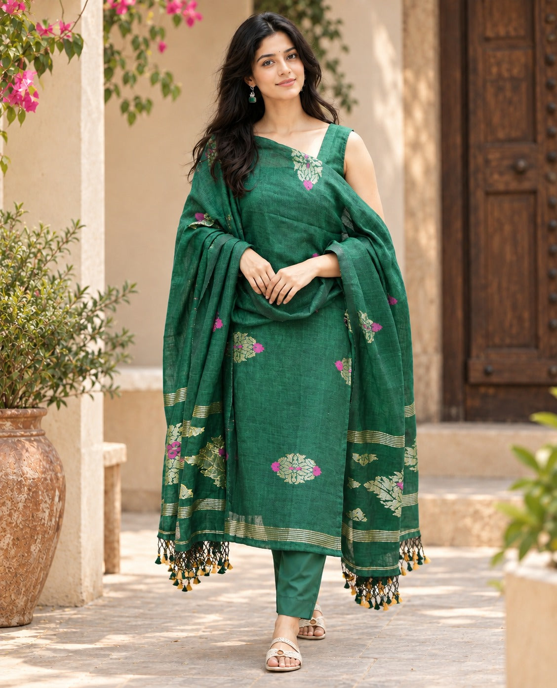 Emerald Green Floral Printed Kurta Pant Set with Dupatta
