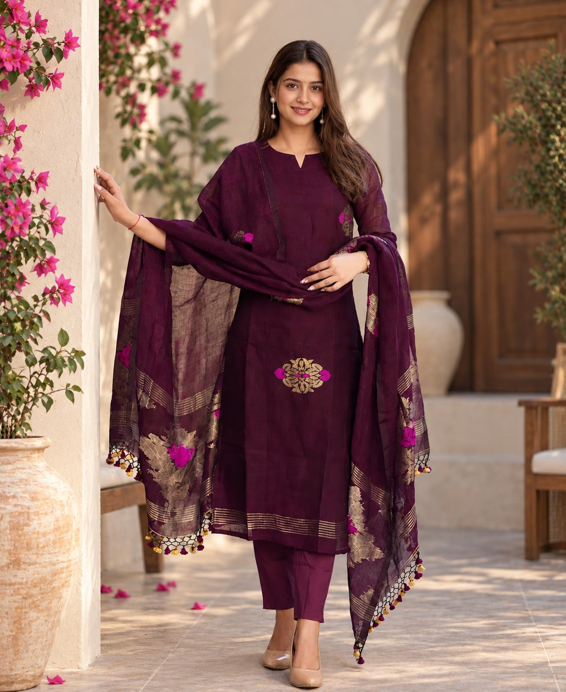 Wine Maroon Embroidered Kurta Pant Set with Printed Dupatta for Women