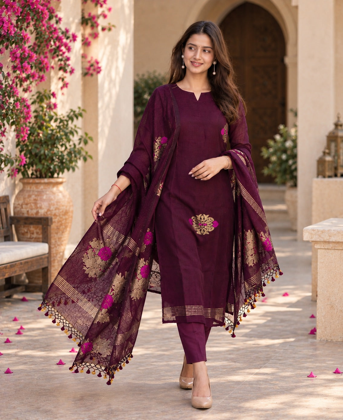 Wine Maroon Embroidered Kurta Pant Set with Printed Dupatta for Women