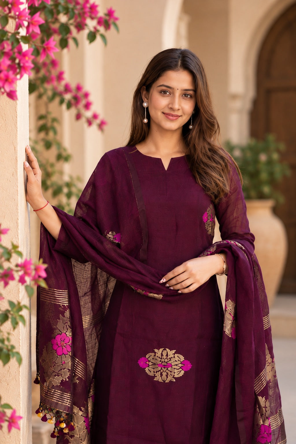 Wine Maroon Embroidered Kurta Pant Set with Printed Dupatta for Women
