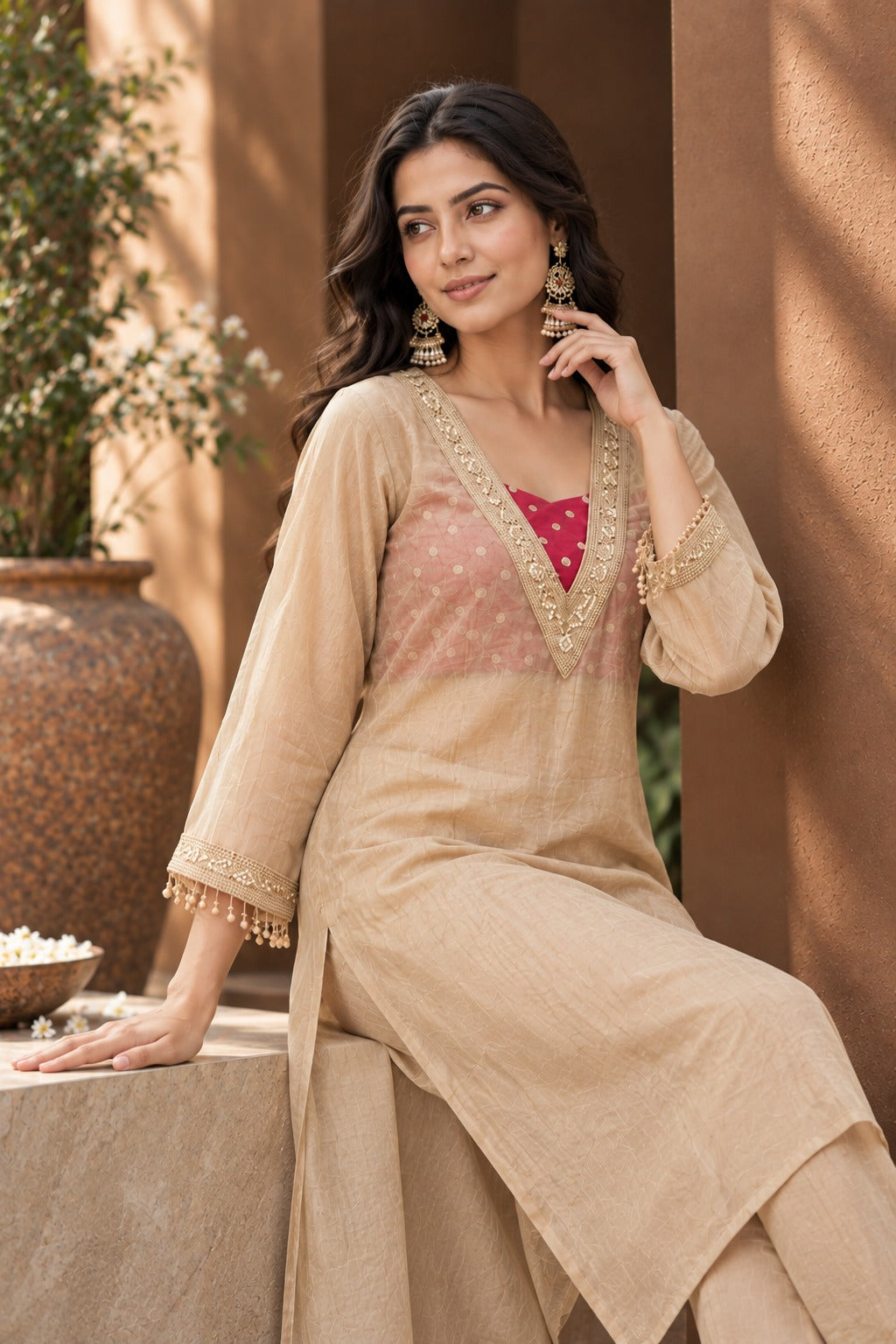 Women’s Cream Embroidered Anarkali Kurta Pant Set – Festive Ethnic Wear
