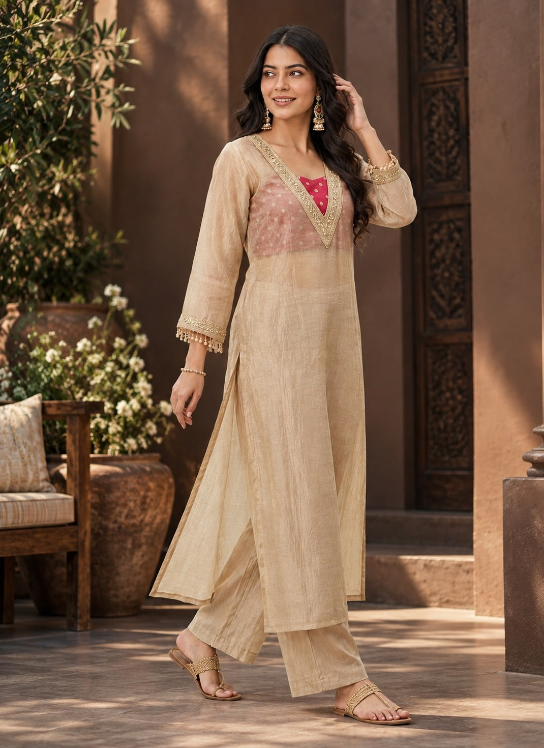 Women’s Cream Embroidered Anarkali Kurta Pant Set – Festive Ethnic Wear