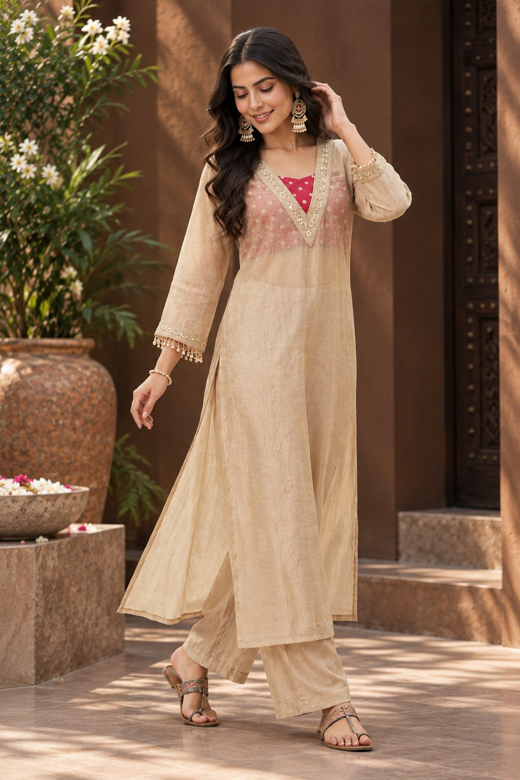 Women’s Cream Embroidered Anarkali Kurta Pant Set – Festive Ethnic Wear