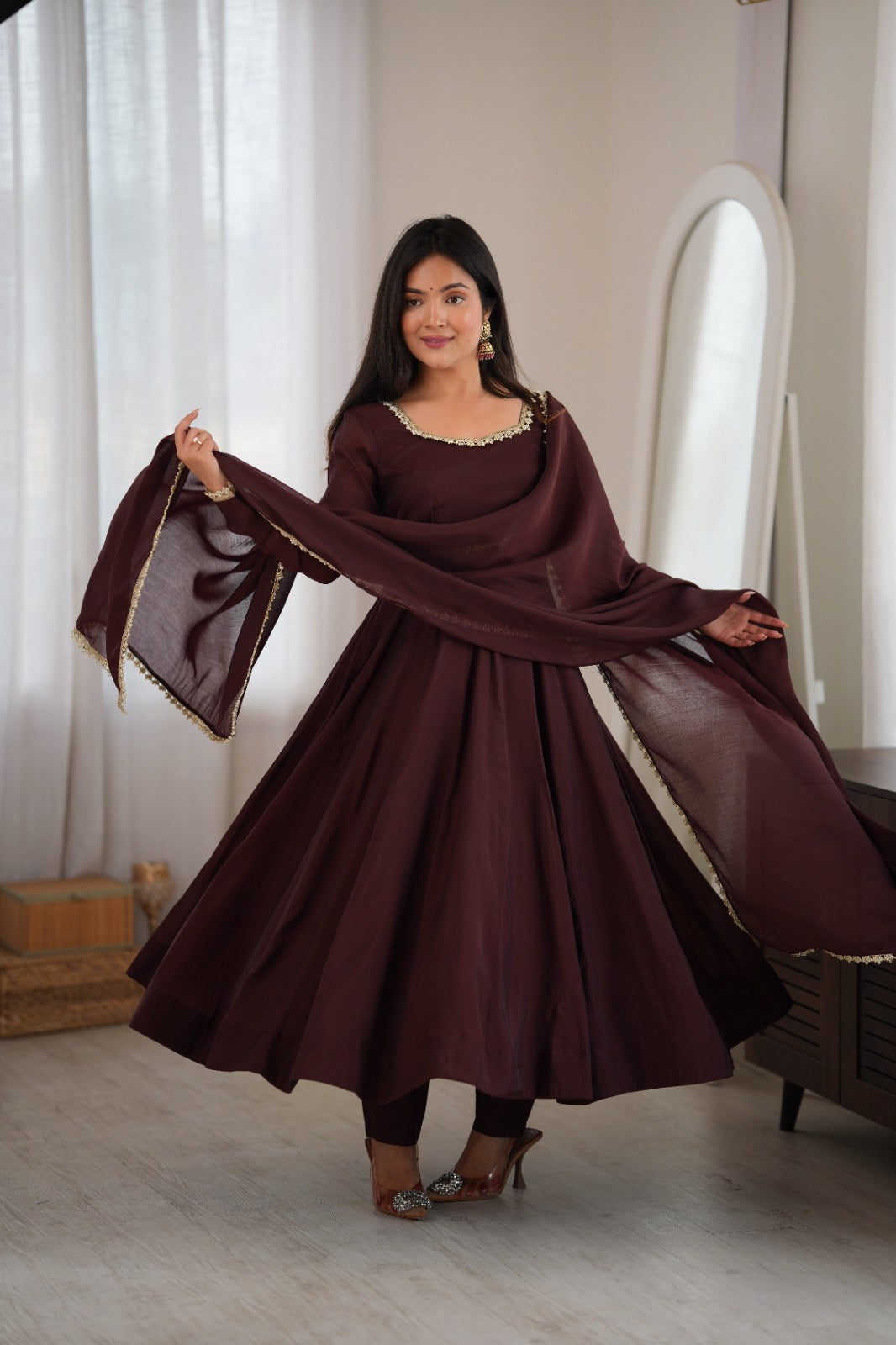 Wine Brown Anarkali Suit Set with Dupatta – Festive & Party Wear