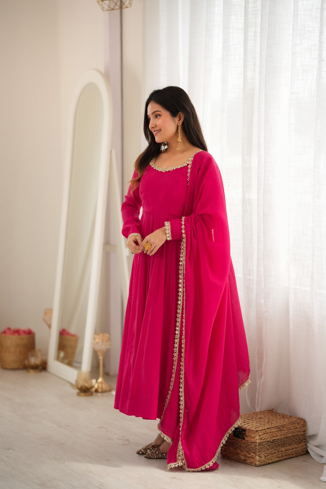 Hot Pink Flared Anarkali Suit Set with Dupatta – Festive Wear