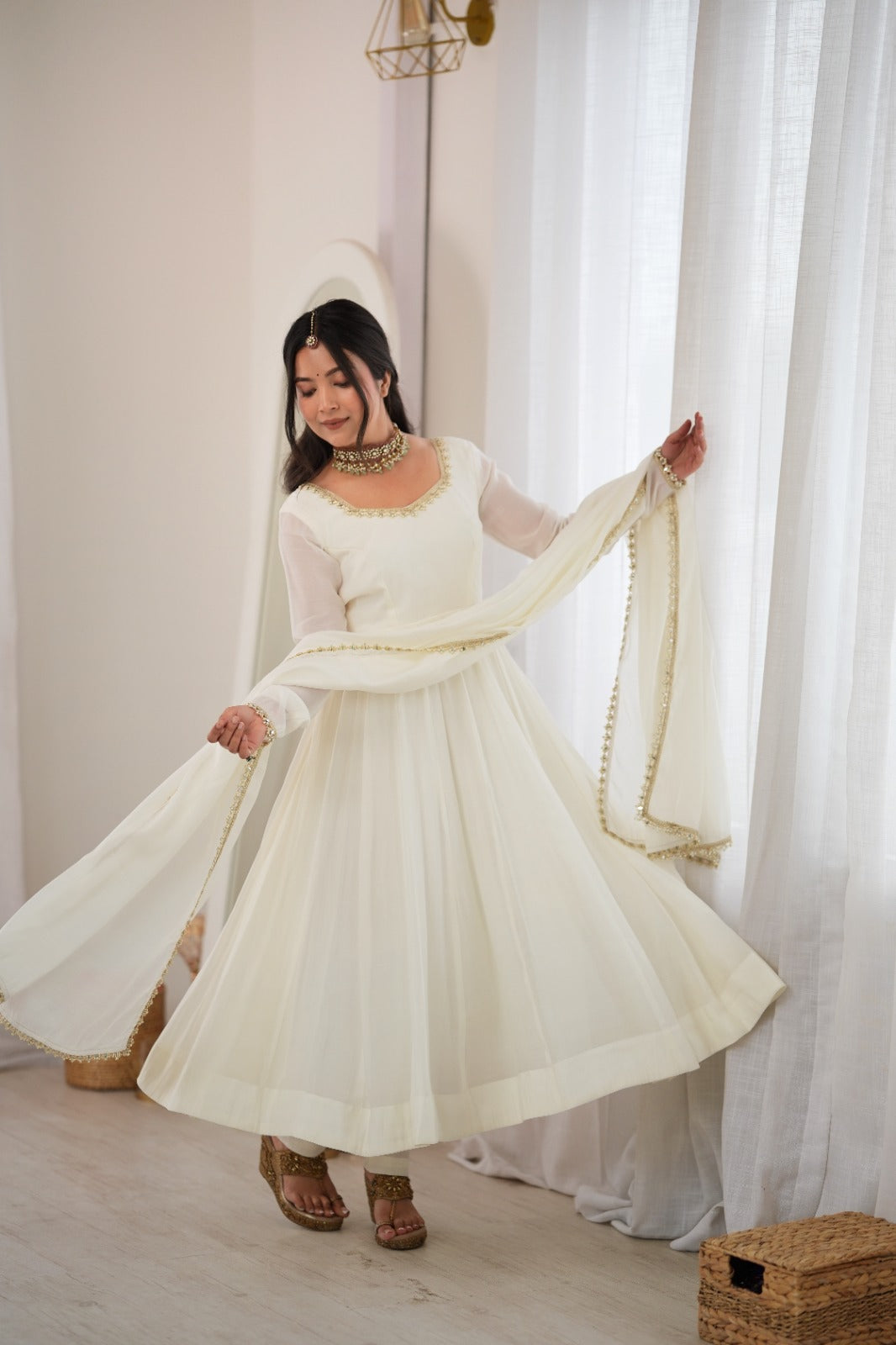 Ivory White Anarkali Suit Set with Dupatta – Festive & Wedding Wear