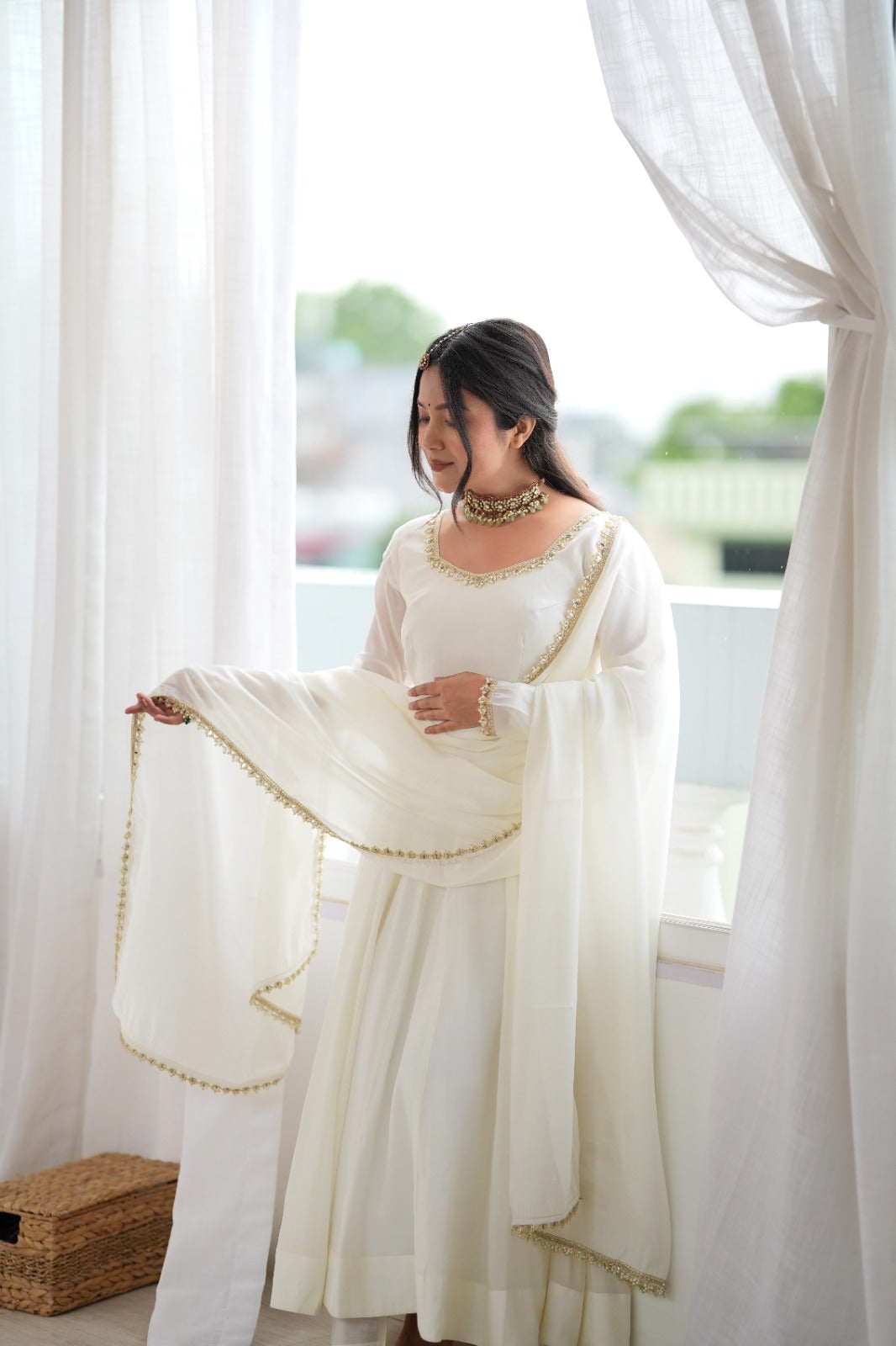 Ivory White Anarkali Suit Set with Dupatta – Festive & Wedding Wear