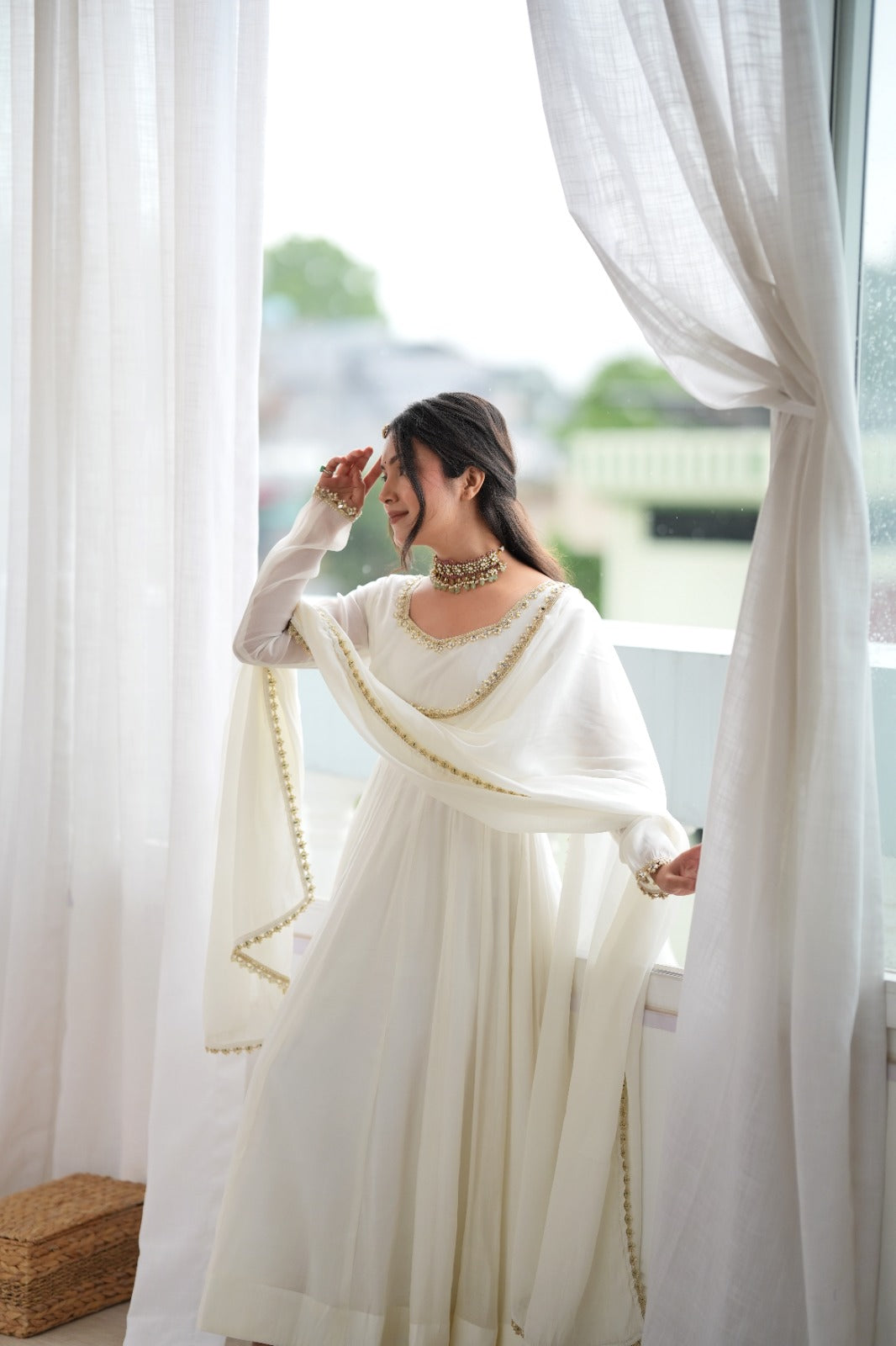 Ivory White Anarkali Suit Set with Dupatta – Festive & Wedding Wear