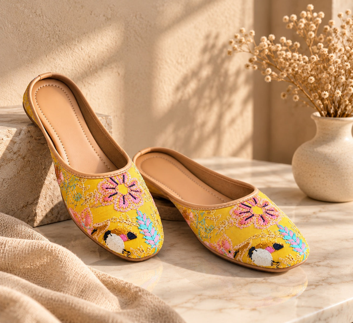 Yellow Floral Embroidered Punjabi Jutti for Women
