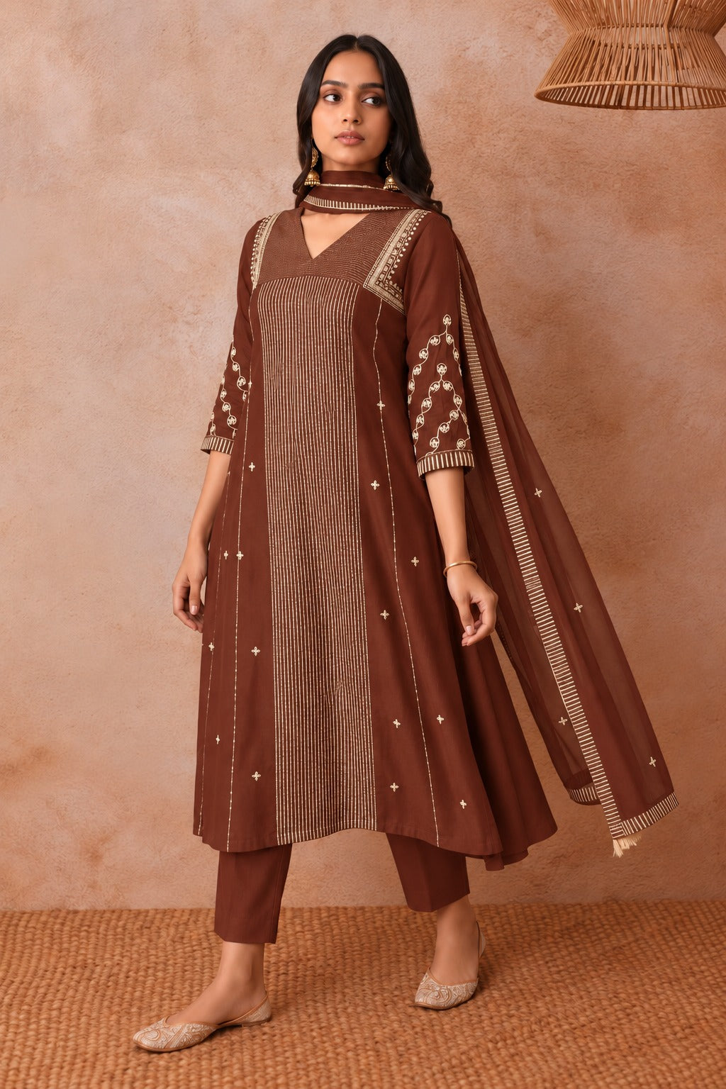 Women’s Brown Embroidered Kurta Set with Matching Pants & Dupatta