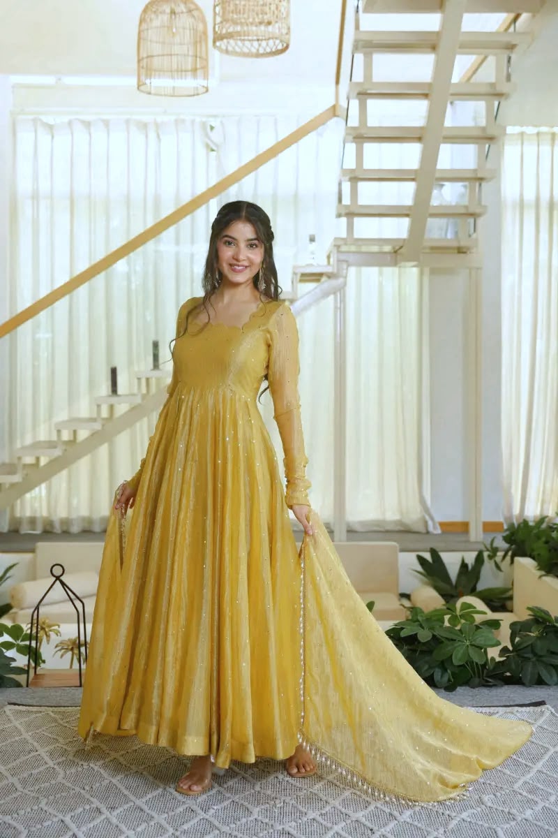 Mustard Yellow Sequin Work Anarkali Gown with Dupatta