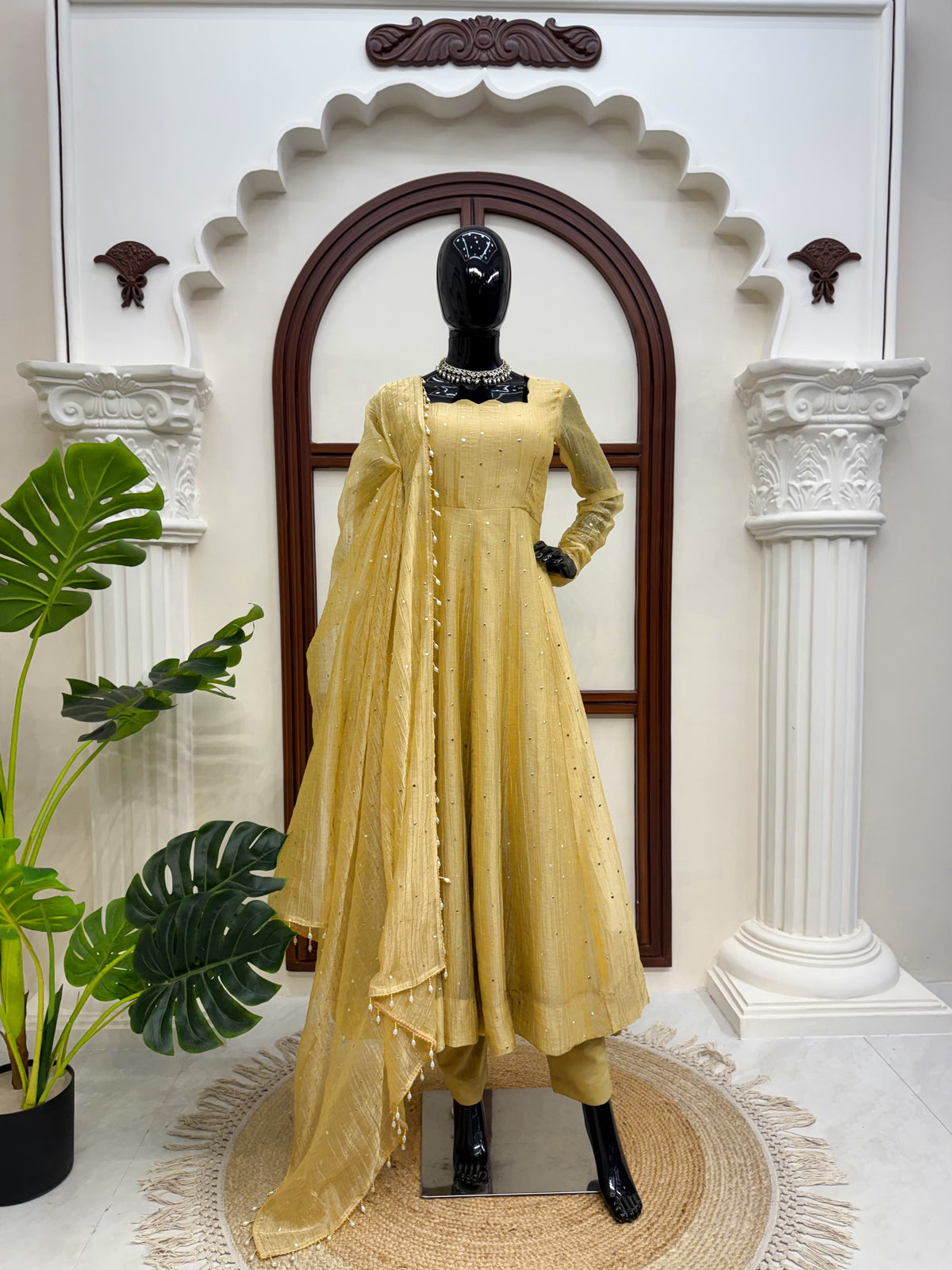 Mustard Yellow Sequin Work Anarkali Gown with Dupatta