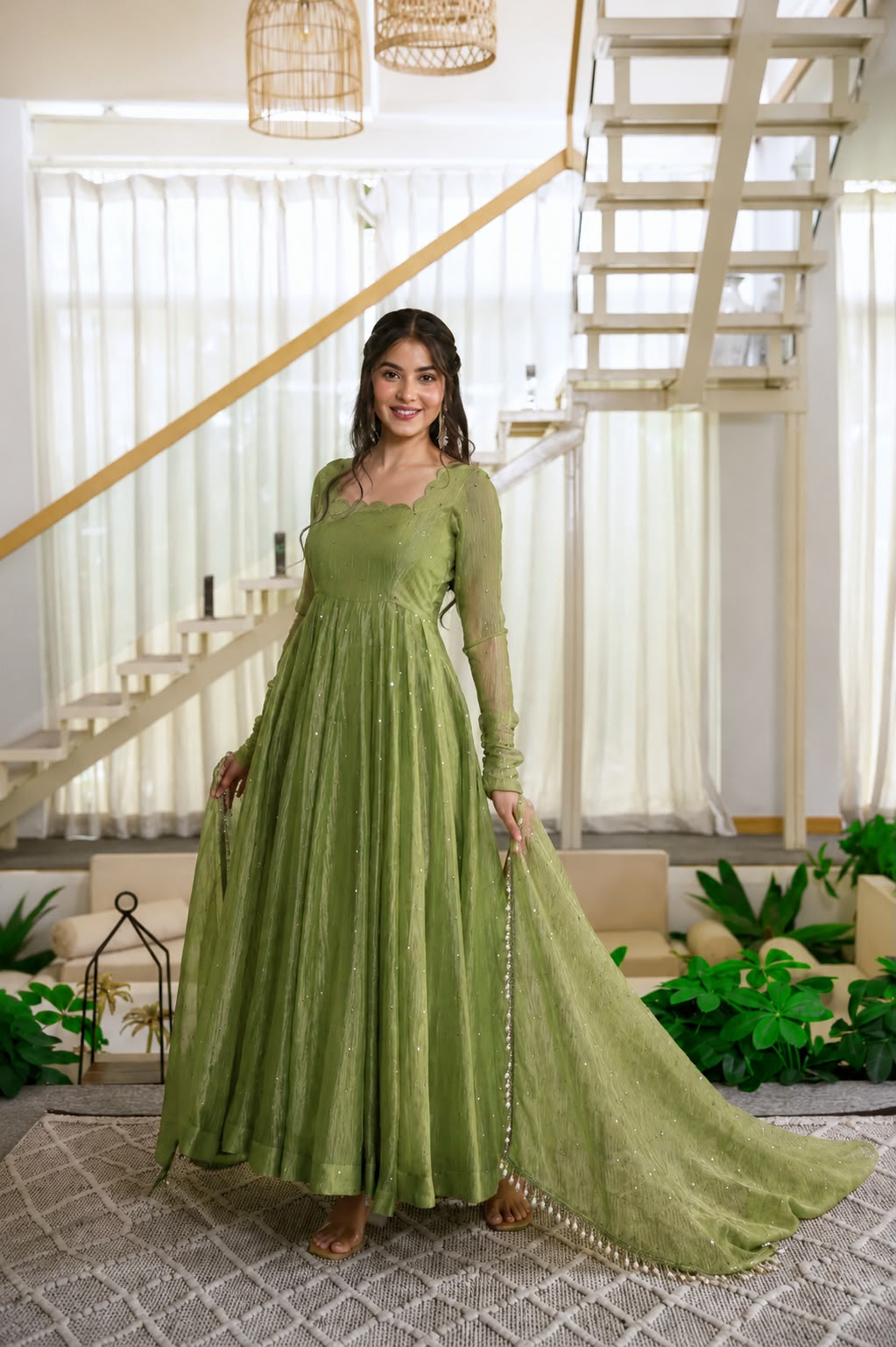 Olive Green Sequin Anarkali Gown Set