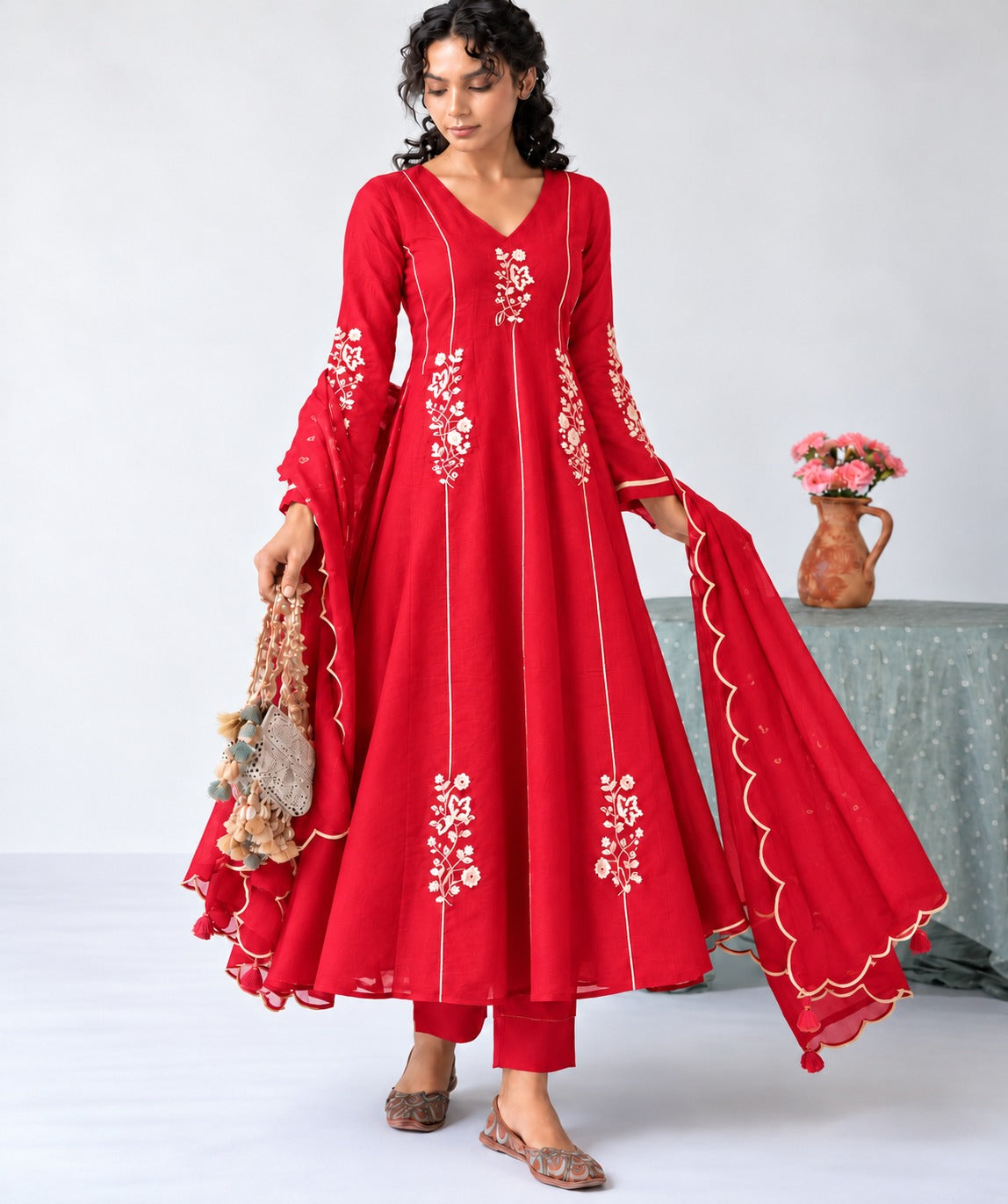 Red Embroidered Anarkali with Dupatta