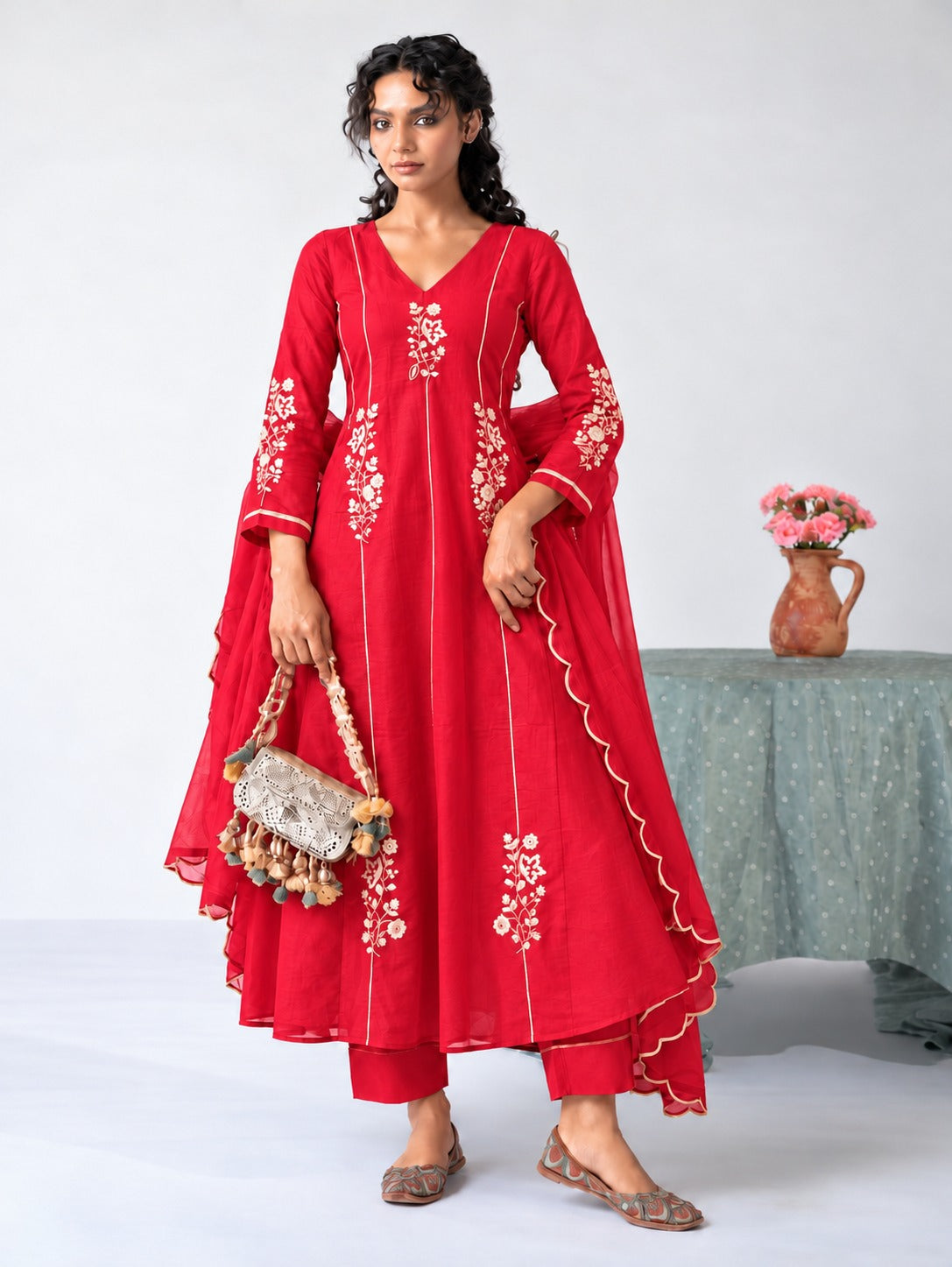 Red Embroidered Anarkali with Dupatta