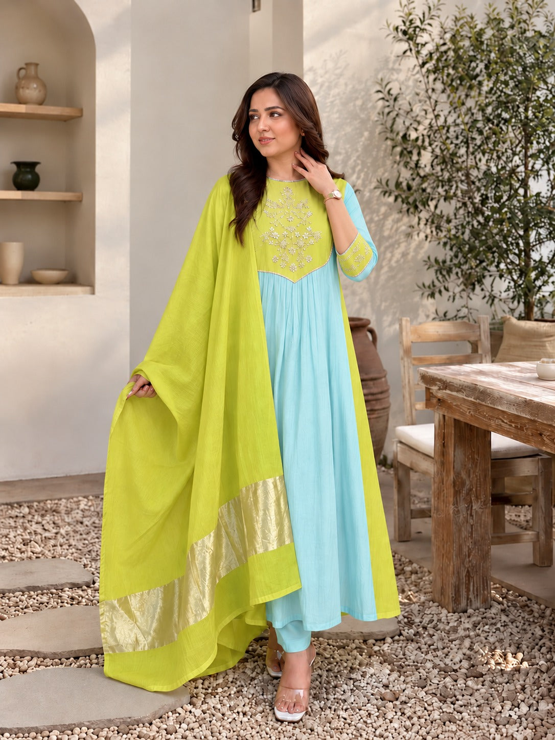 Lime Aqua Anarkali Set
