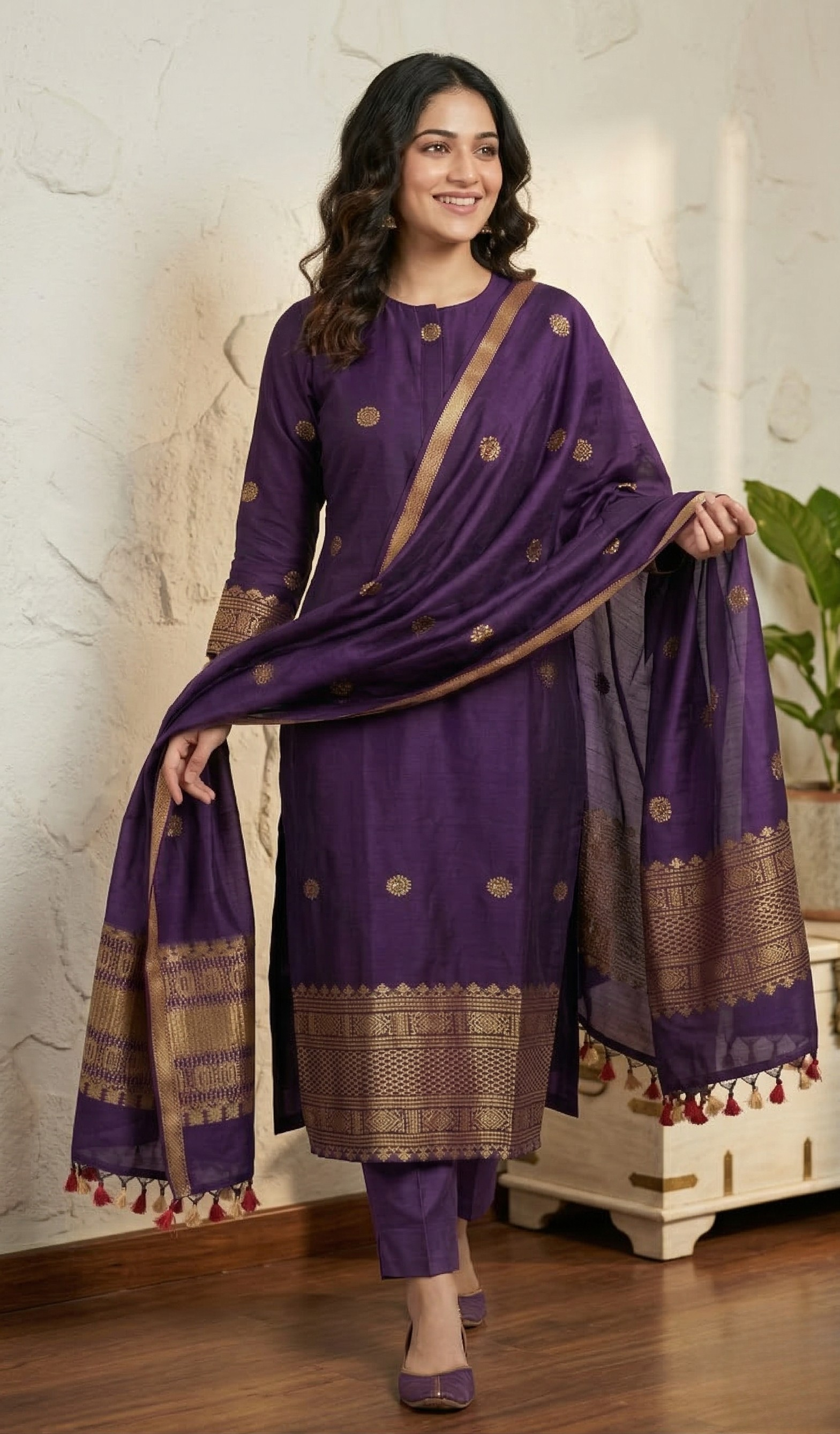 Elegant Purple Kurta Pant Set with Gold Motif Work & Border Dupatta