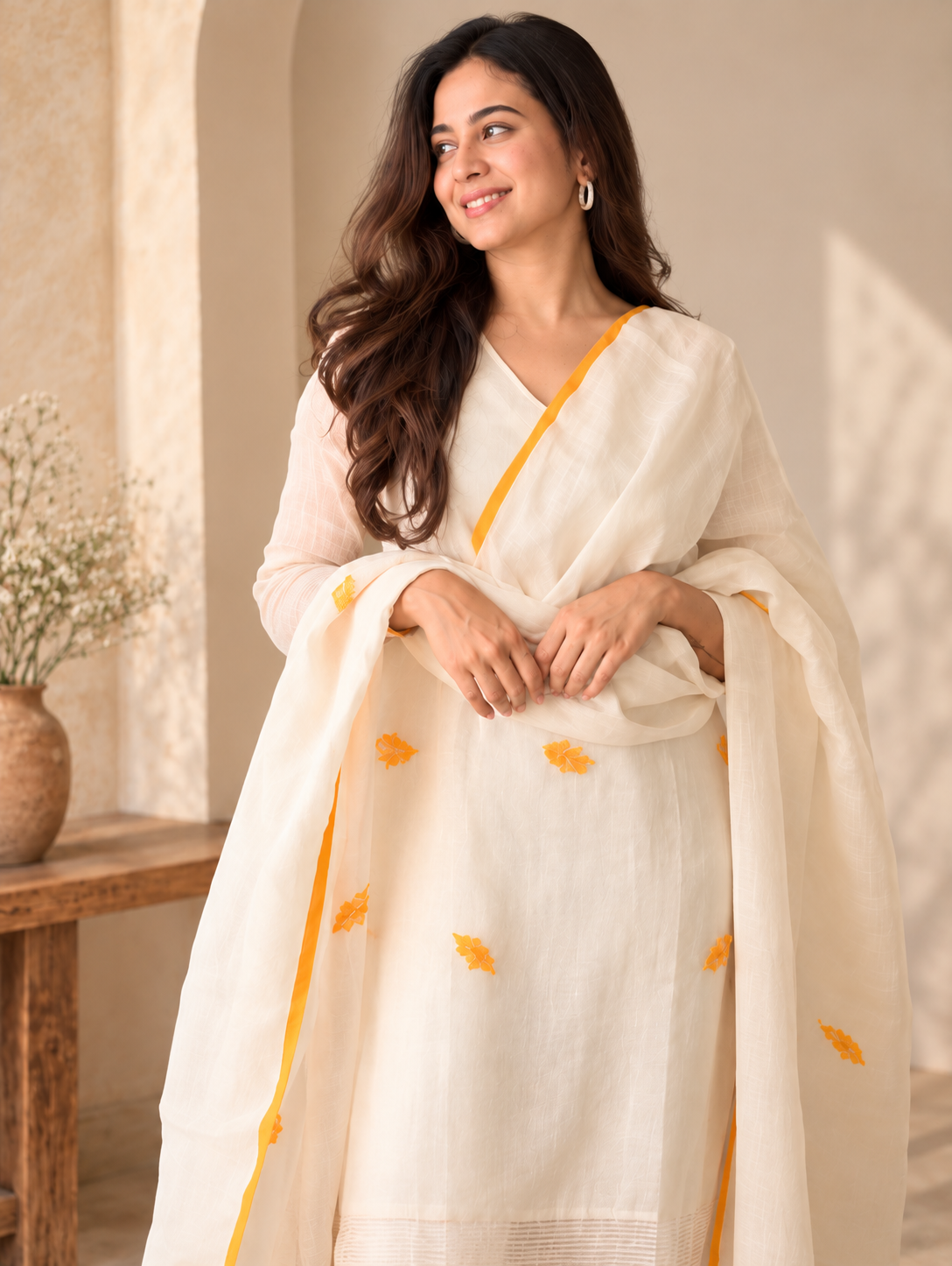 Ivory Embroidered Kurta Set with Orange Border Dupatta