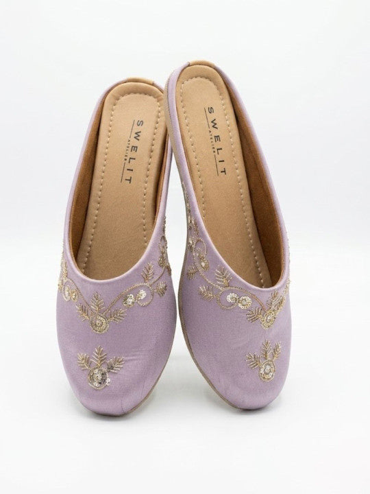 Traditional Purple Embroidered Flat Mules for Women