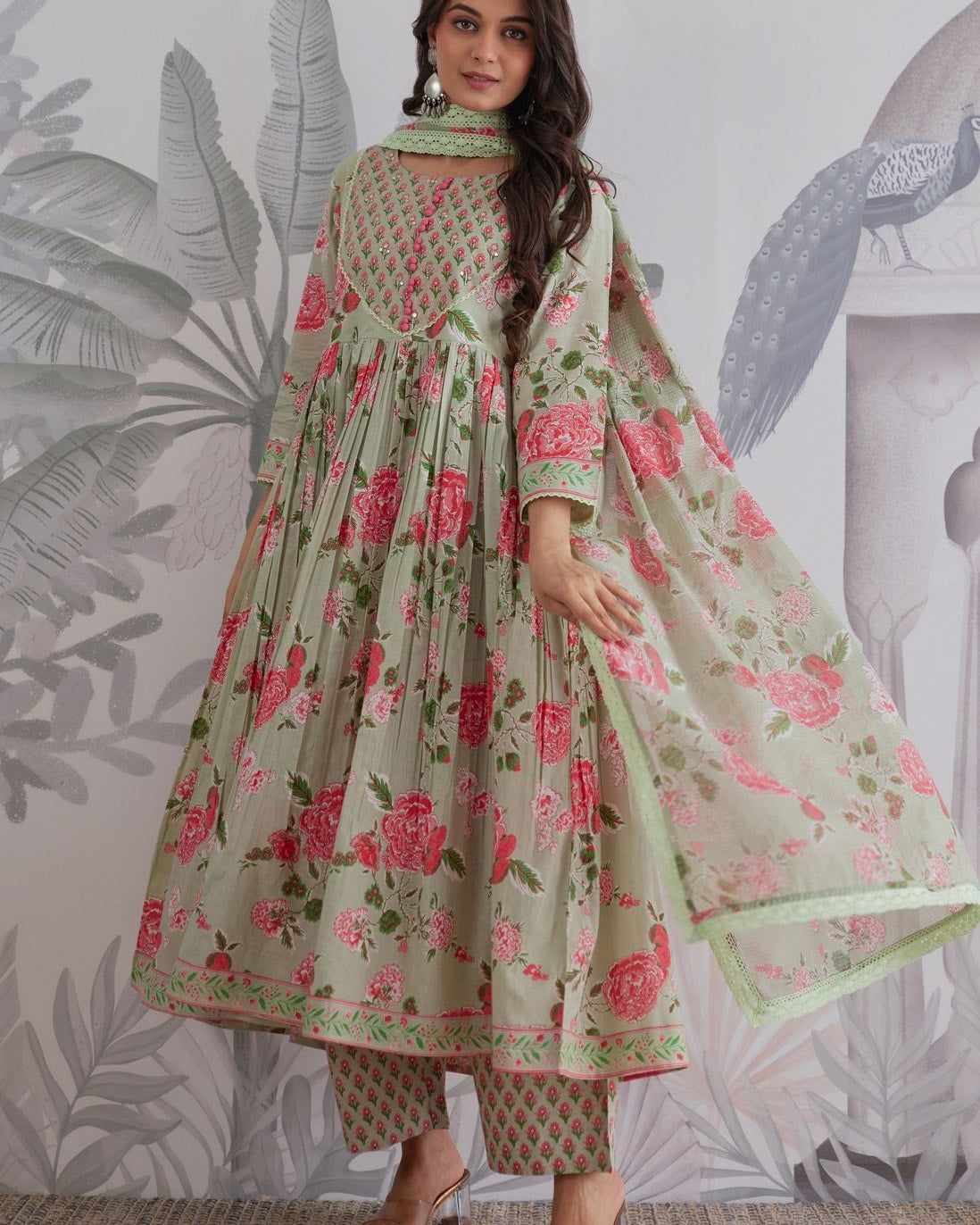 Sage Green Jaipuri Floral Printed Anarkali Kurta Set with Pant & Dupatta