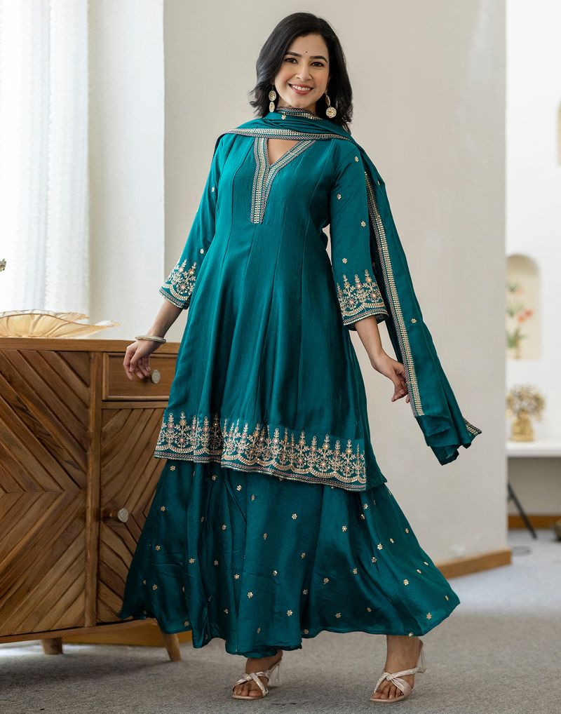 Women's Teal Blue Embroidered Anarkali Kurta with Sharara Set