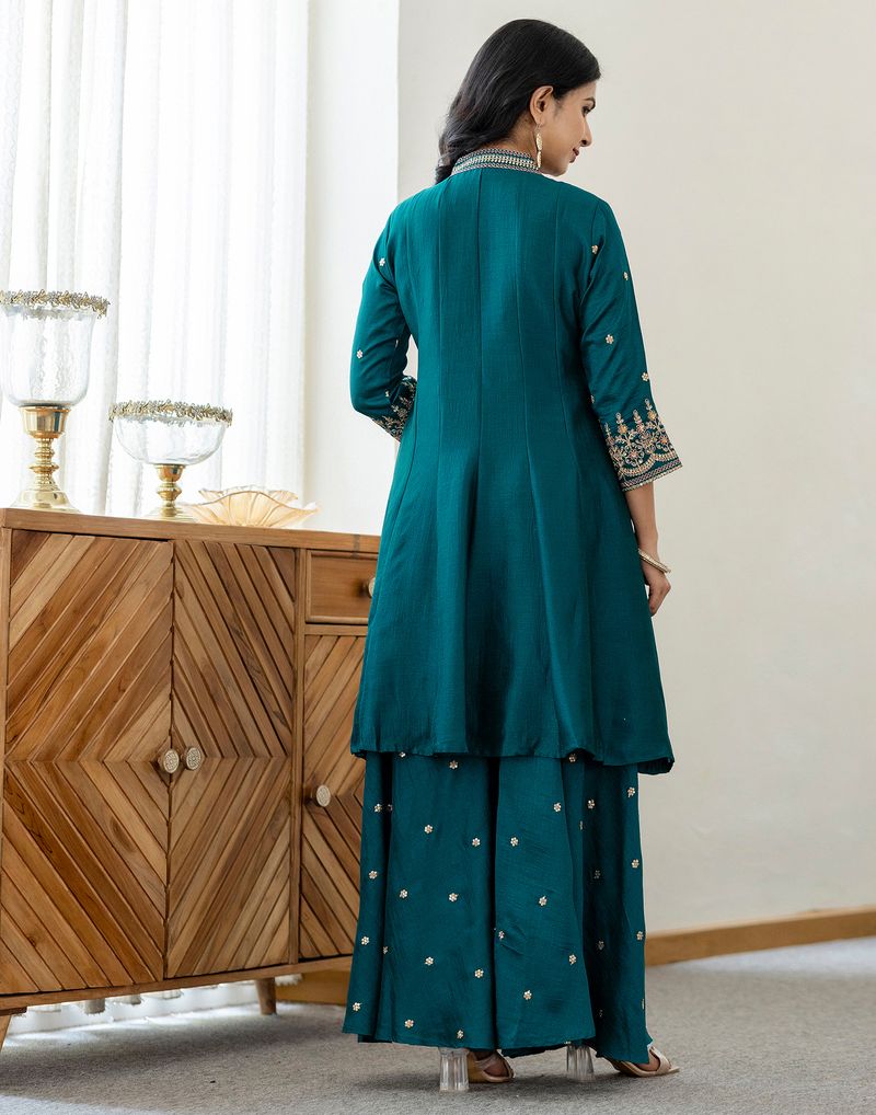 Women's Teal Blue Embroidered Anarkali Kurta with Sharara Set