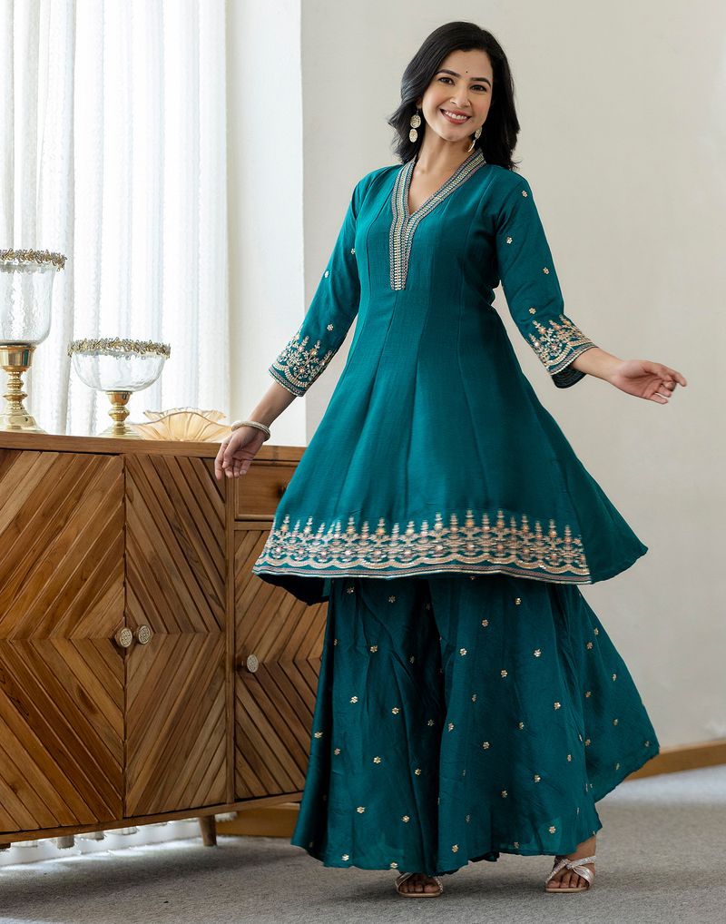Women's Teal Blue Embroidered Anarkali Kurta with Sharara Set