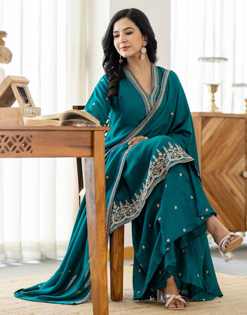 Women's Teal Blue Embroidered Anarkali Kurta with Sharara Set