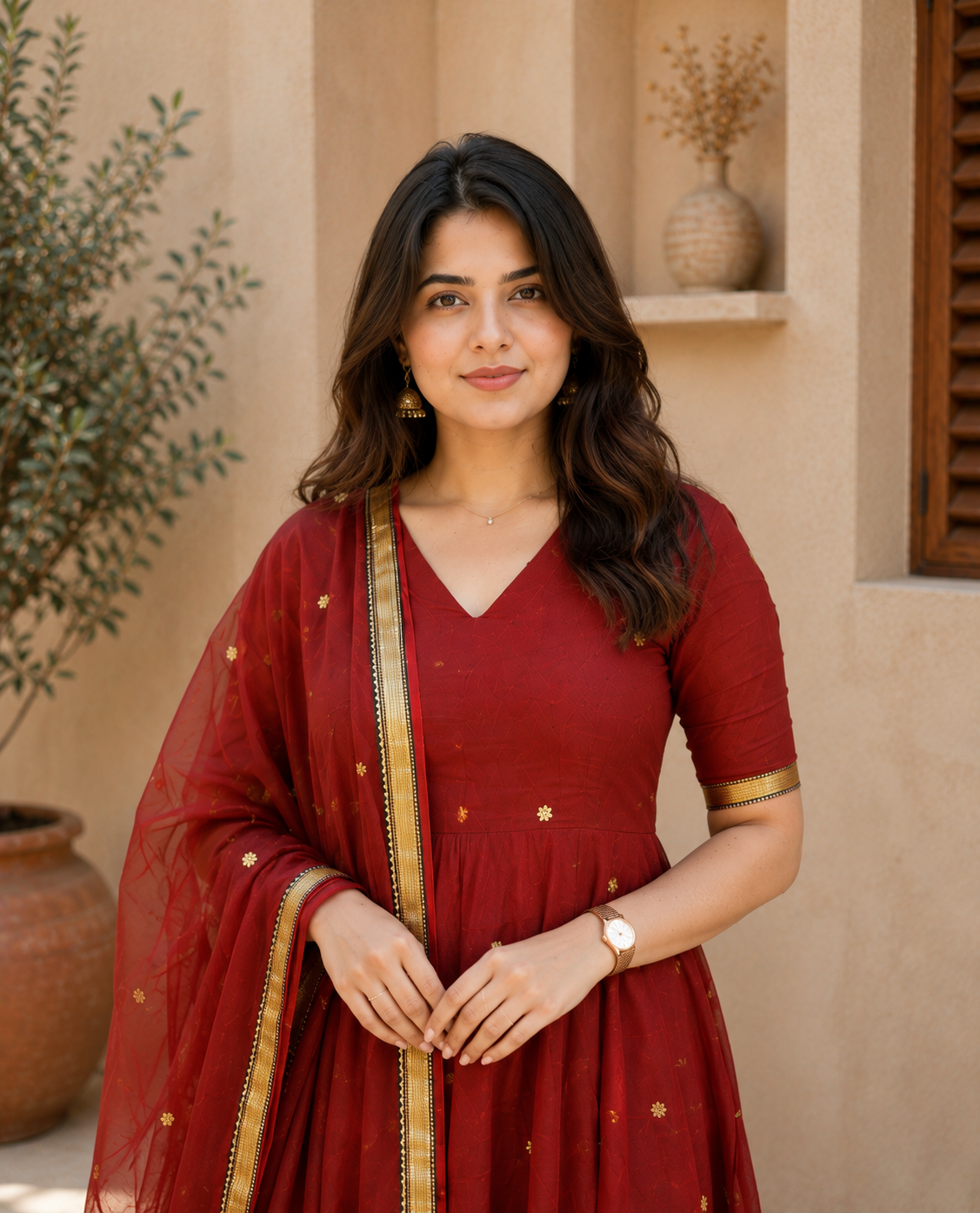 Premium Maroon Gold Embroidered Anarkali Suit Set with Dupatta for Women