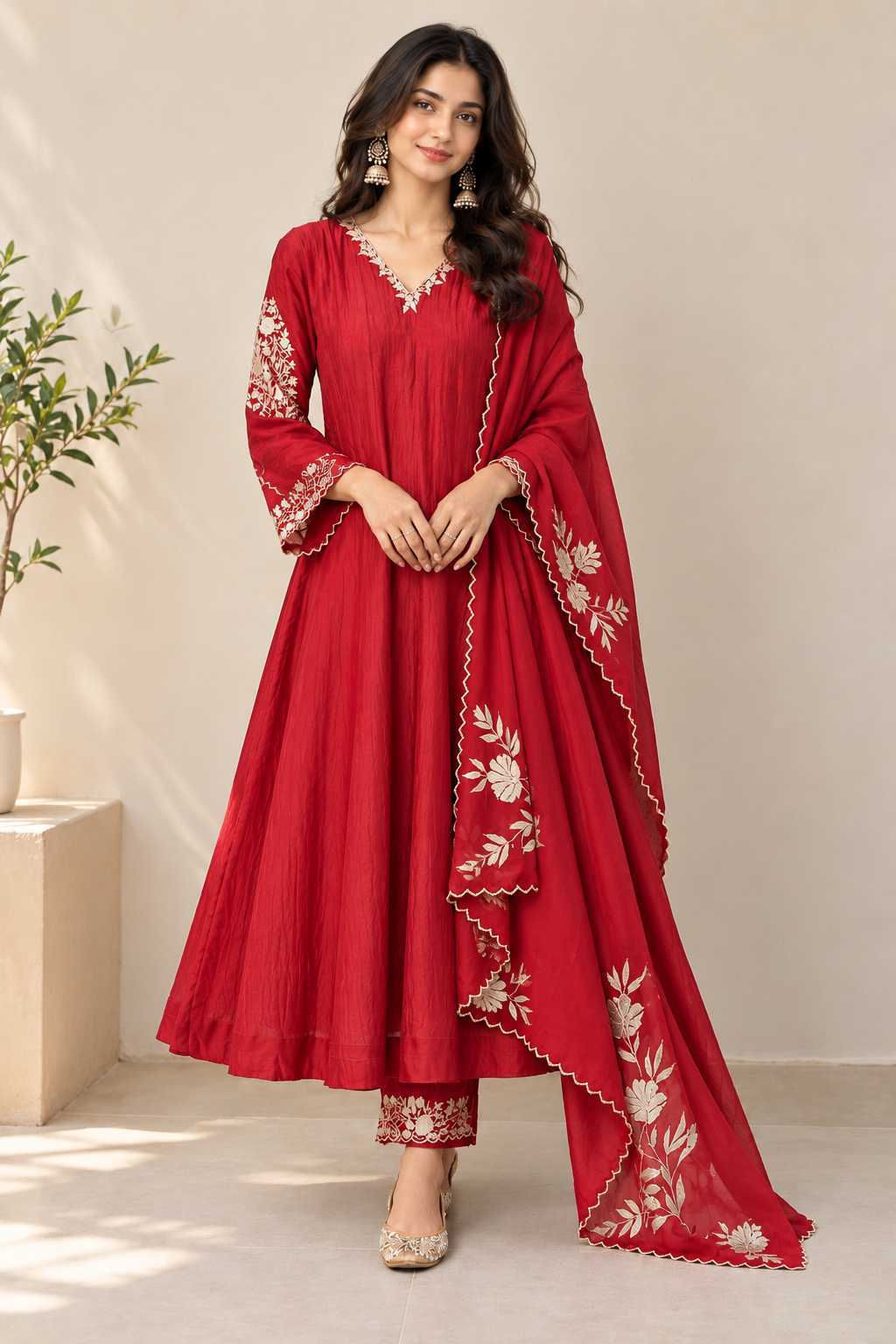 Red Embroidered Anarkali Suit Set with Dupatta for Women