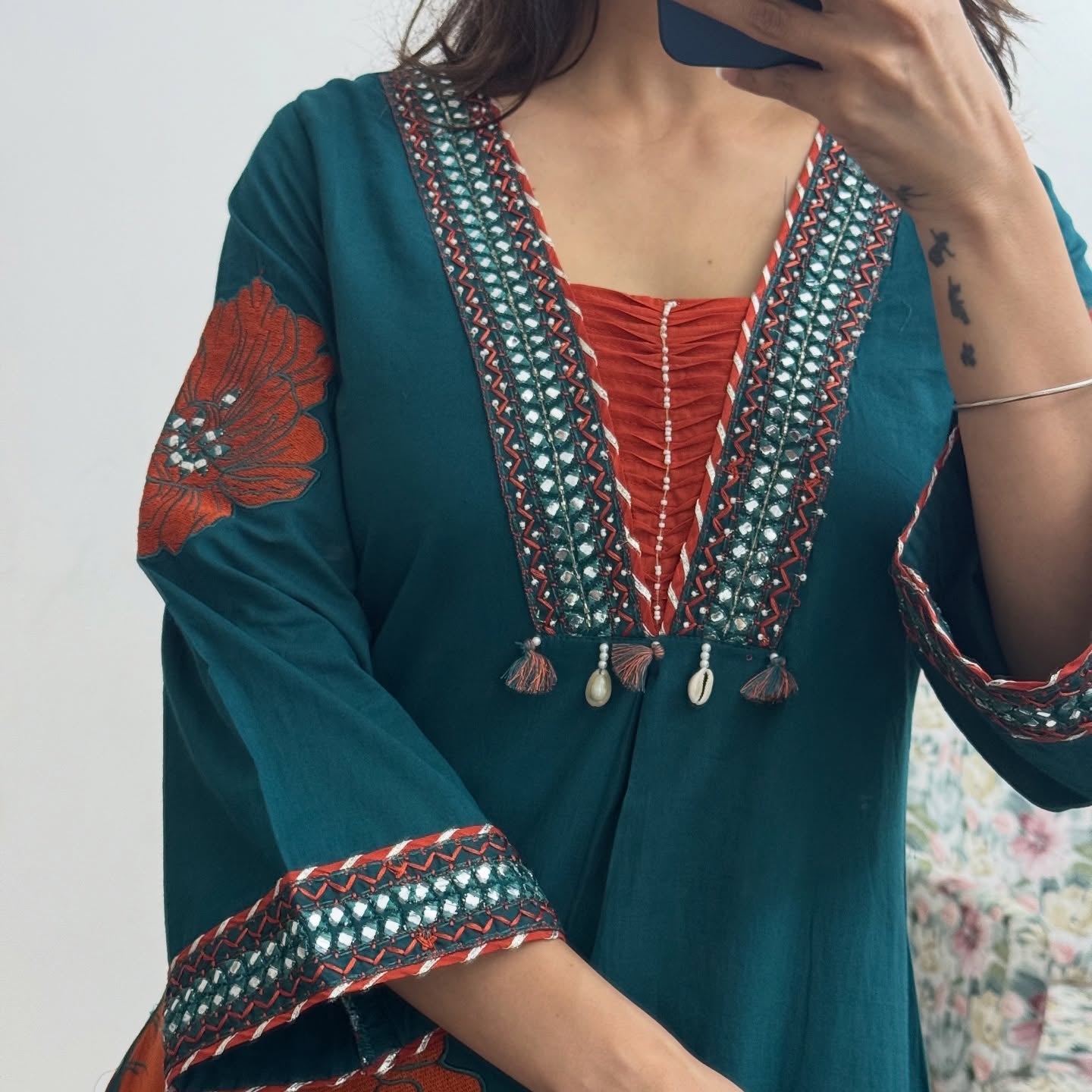 Teal Green Floral Printed Kurta Set with Dupatta – Elegant Festive Wear Suit Set