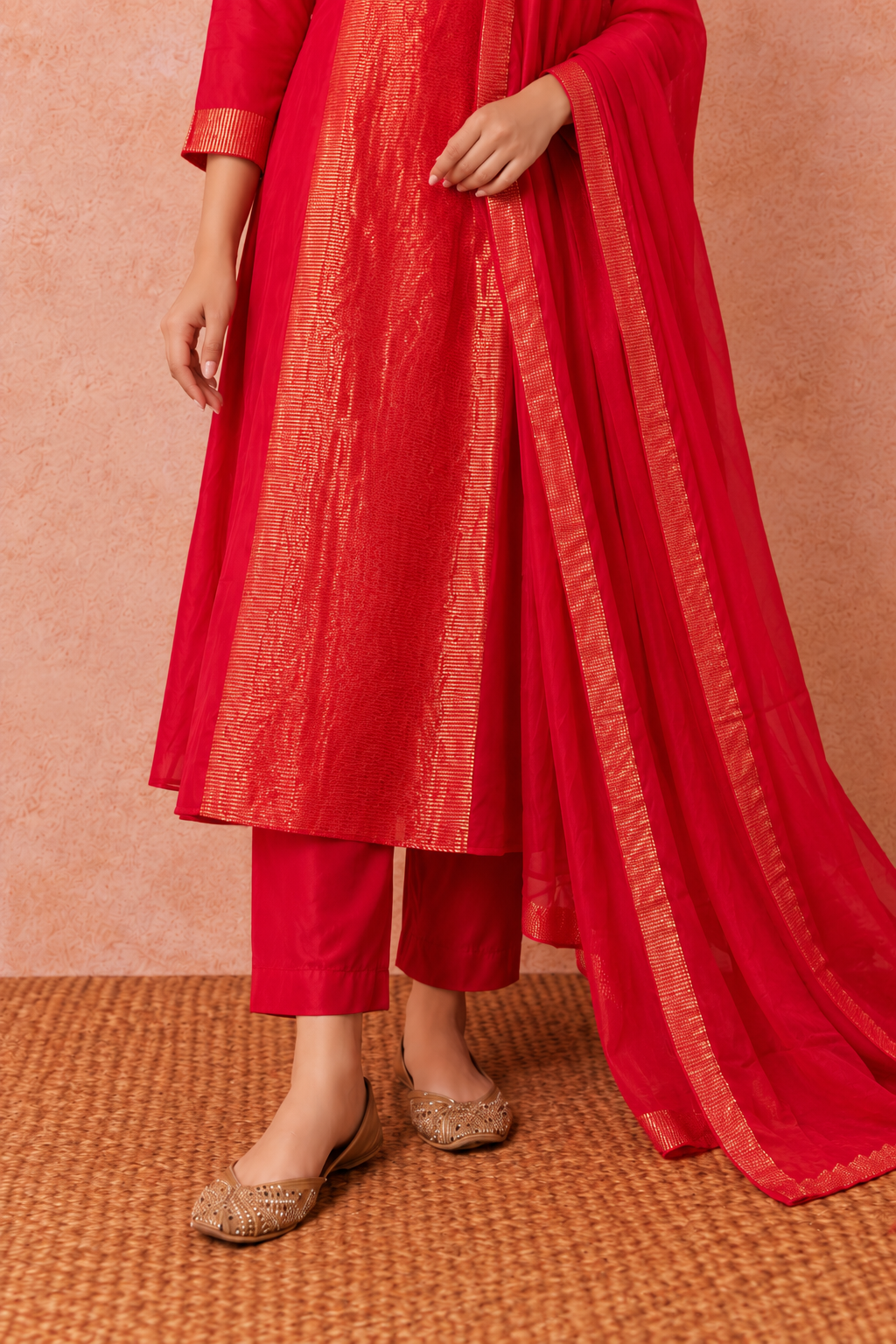 Red Gold Woven Kurta Set with Dupatta