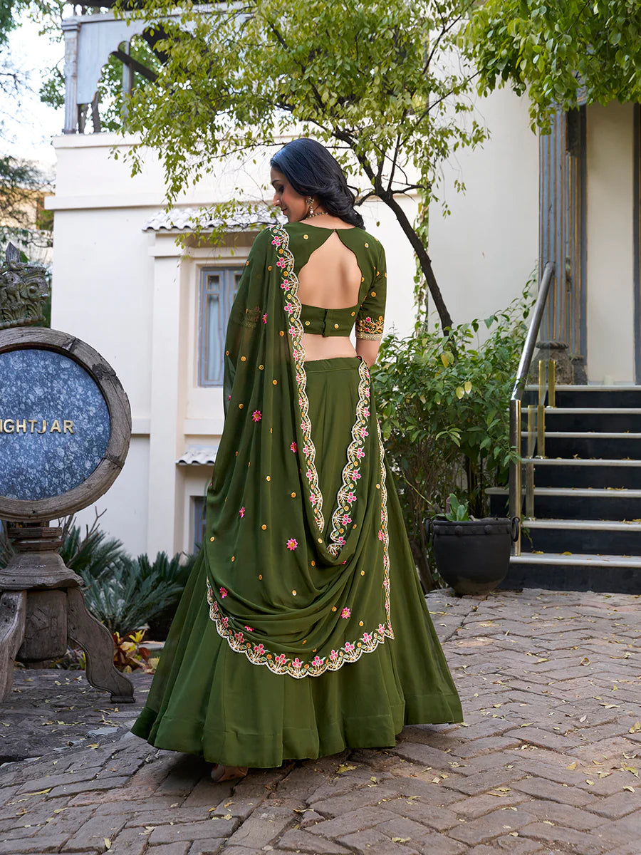Mehendi Color Plain With Sequins And Thread Embroidery Work Georgette Lehenga Choli