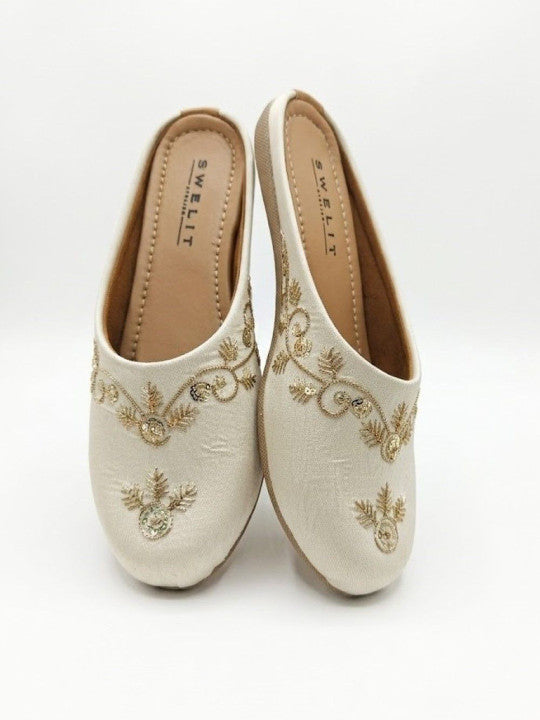 Traditional White Embroidered Flat Mules for Women