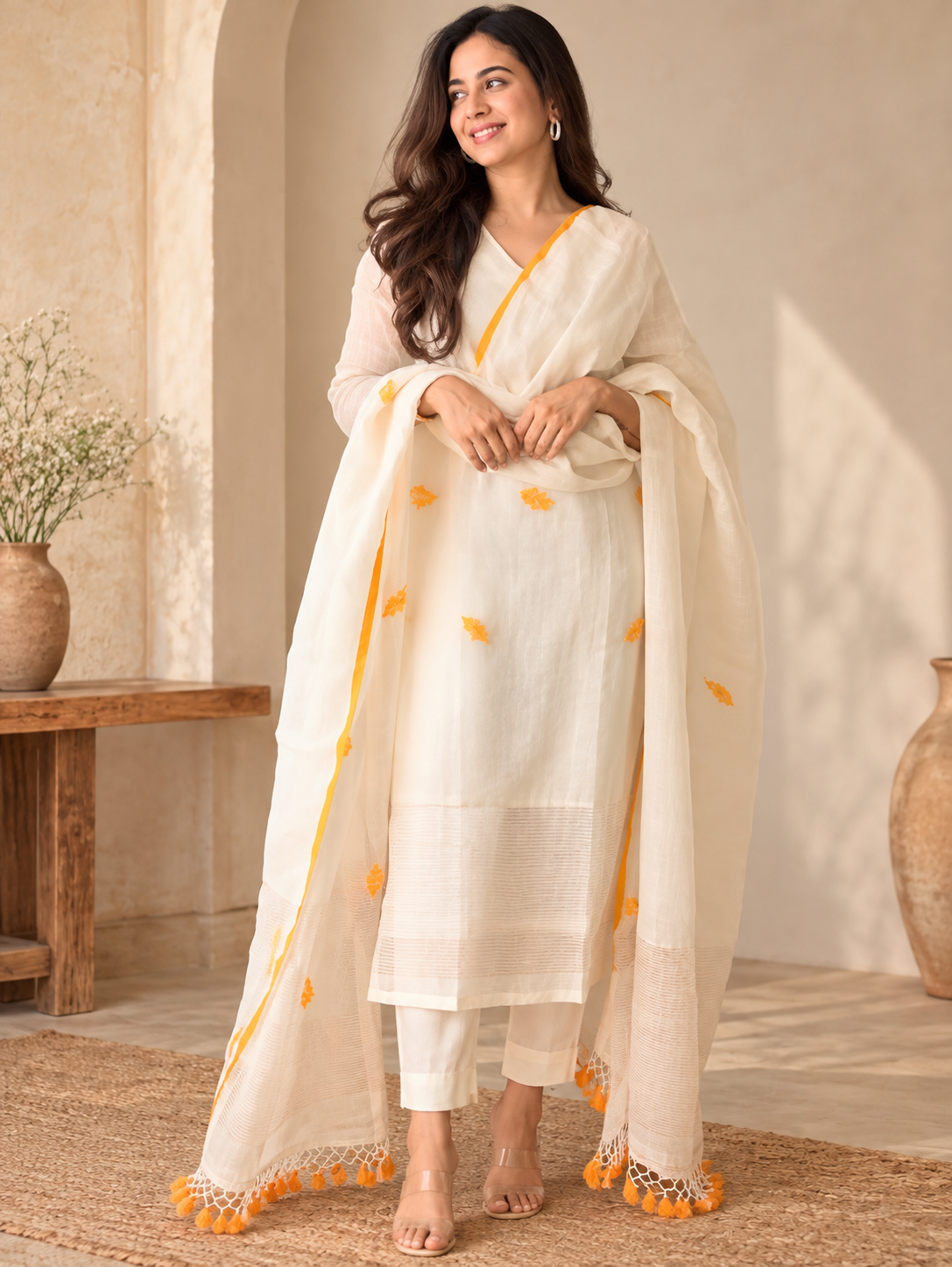 Ivory Embroidered Kurta Set with Orange Border Dupatta