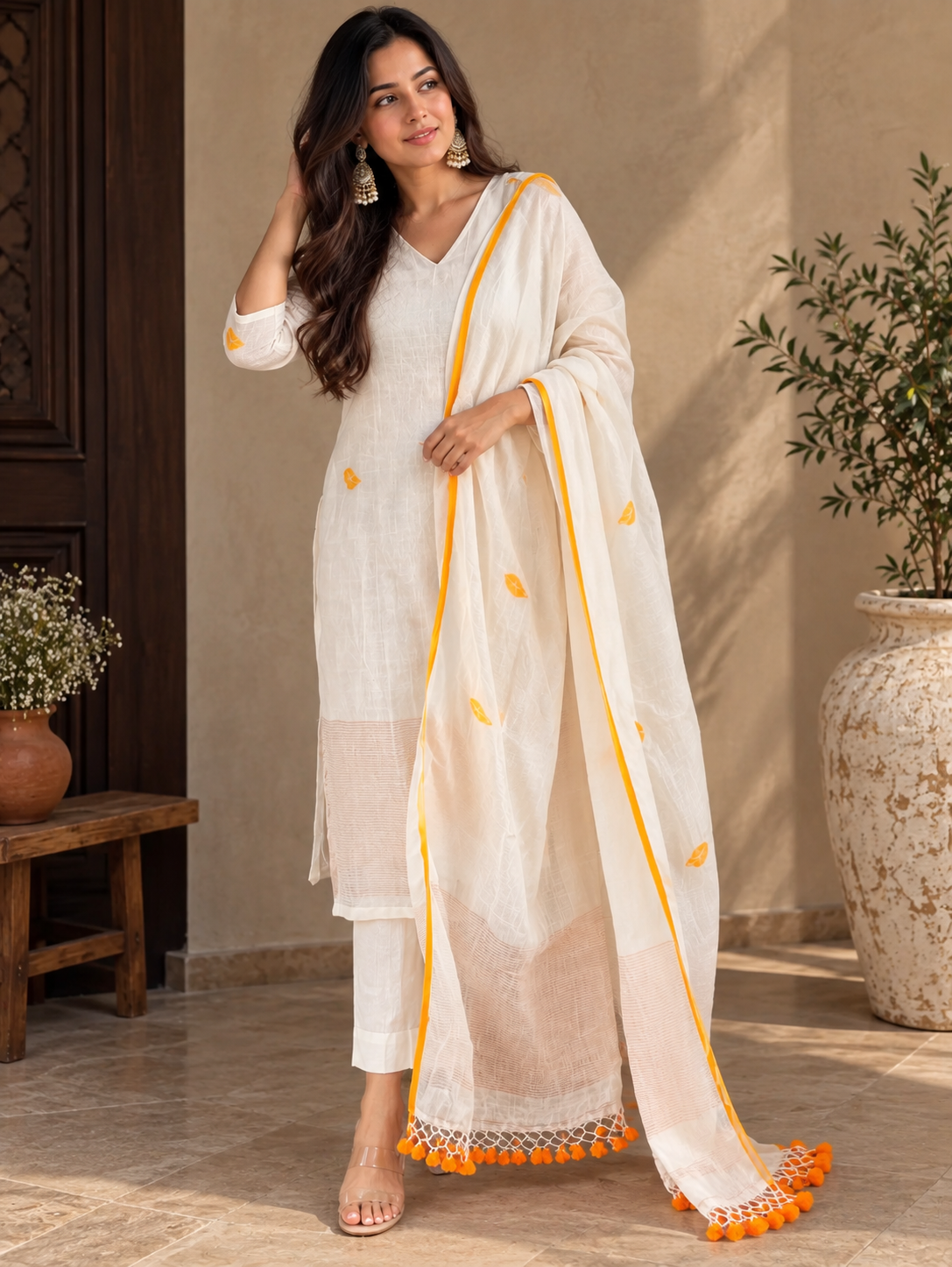 Ivory Embroidered Kurta Set with Orange Border Dupatta