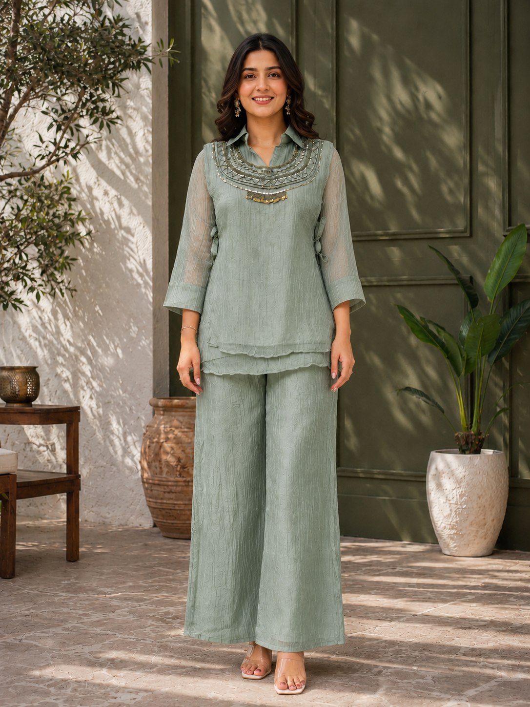 Women's Dusty Sage Green Textured Kurta Palazzo Co-Ord Set with Embellished Neck Design