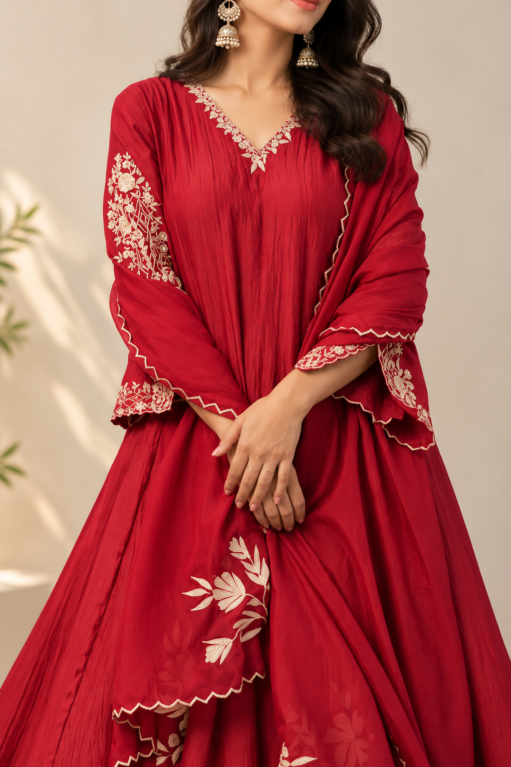 Red Embroidered Anarkali Suit Set with Dupatta for Women